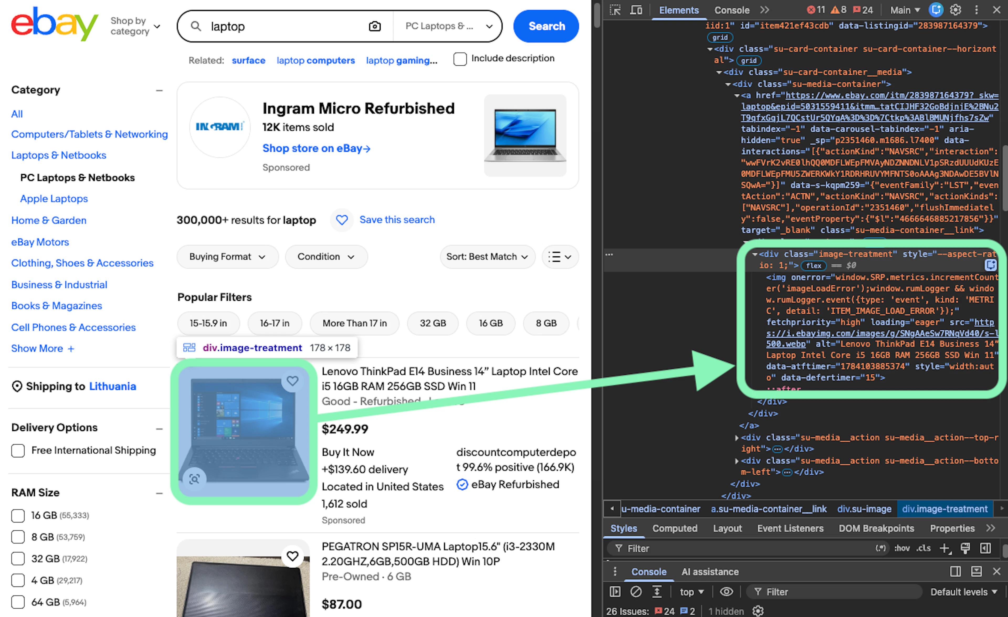 Ebay image source in browser inspect tool