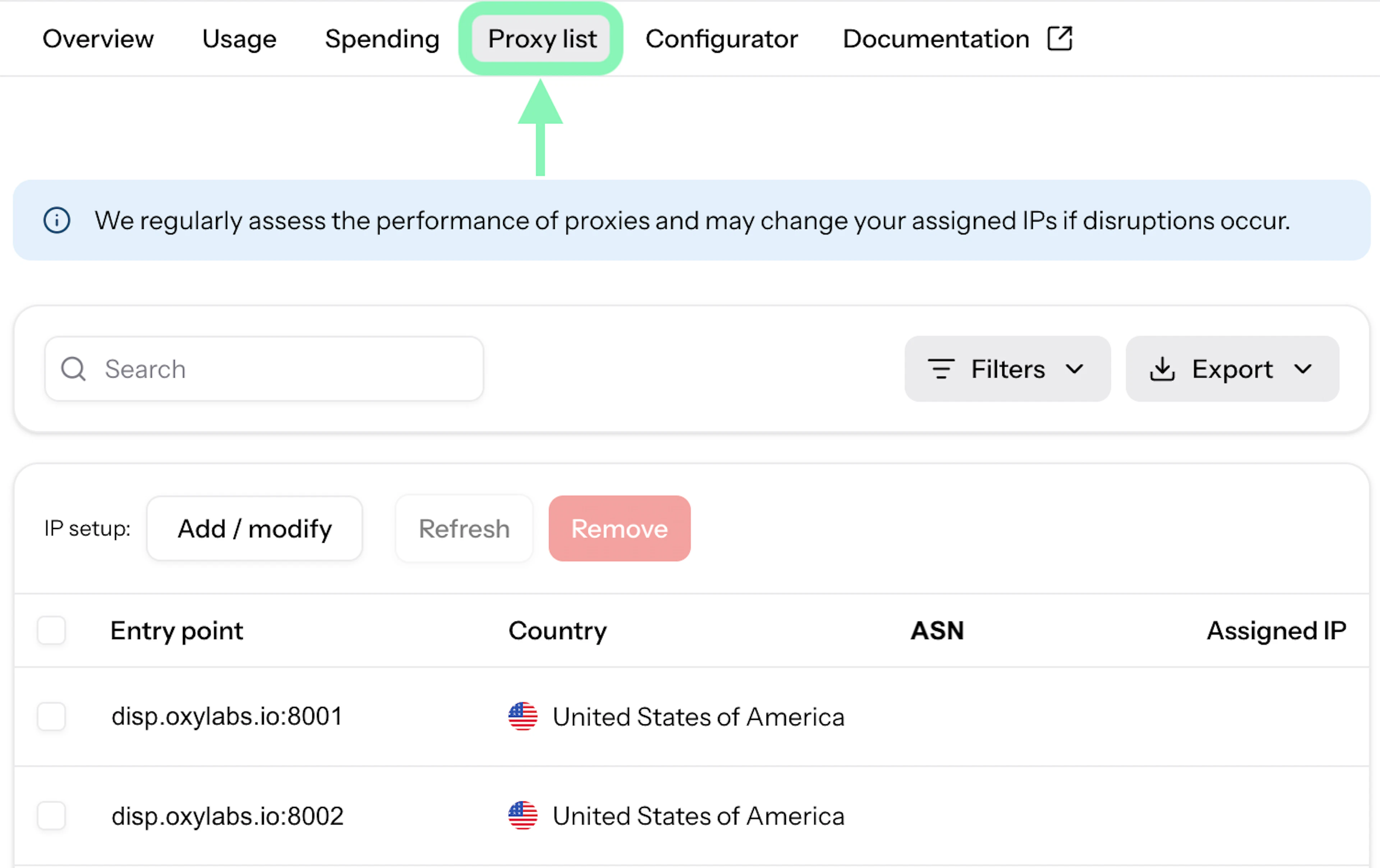 Dedicated ISP Proxy list in Oxylabs Dashboard product instance