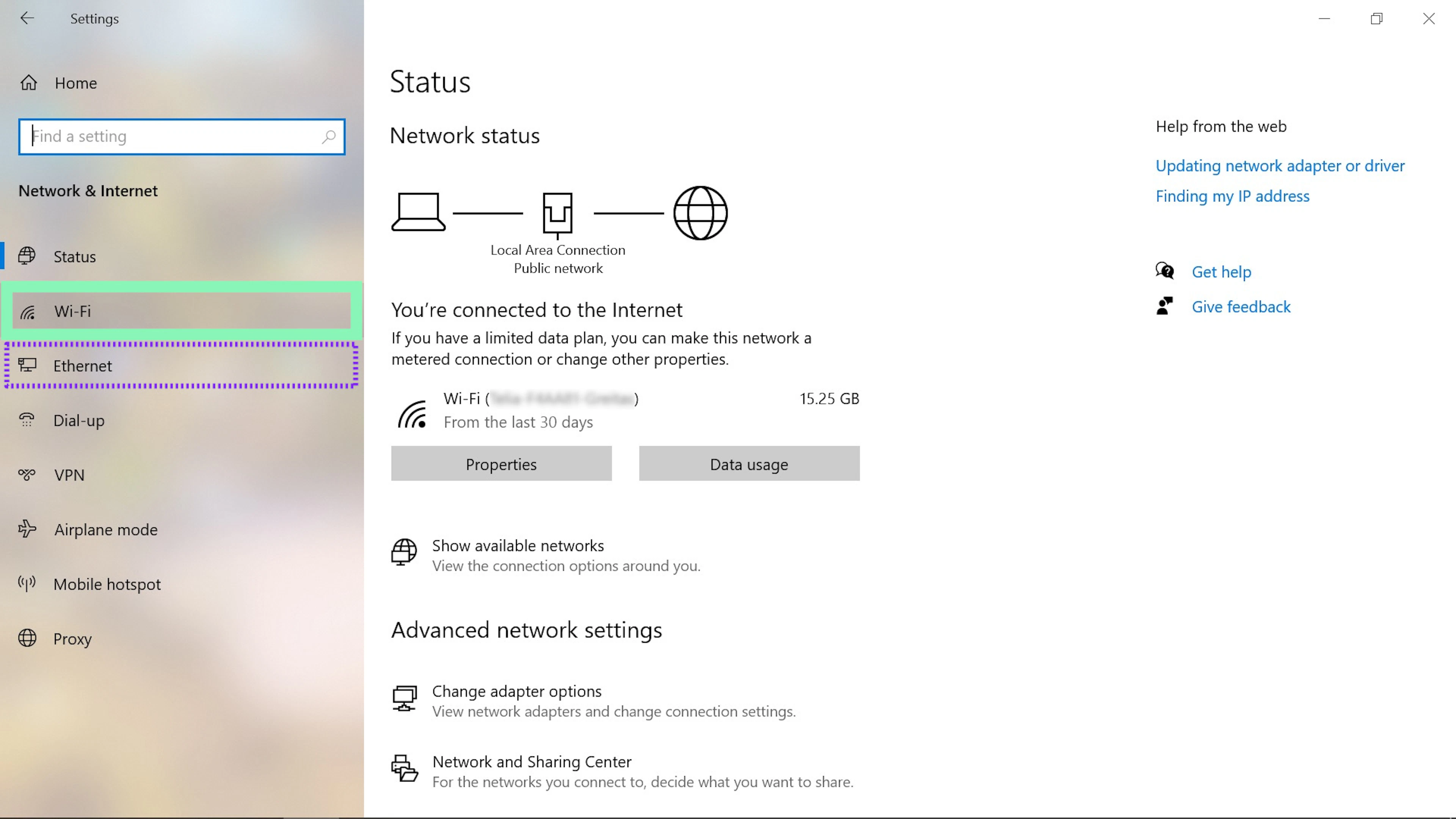 Windows 10 Network & Internet tab