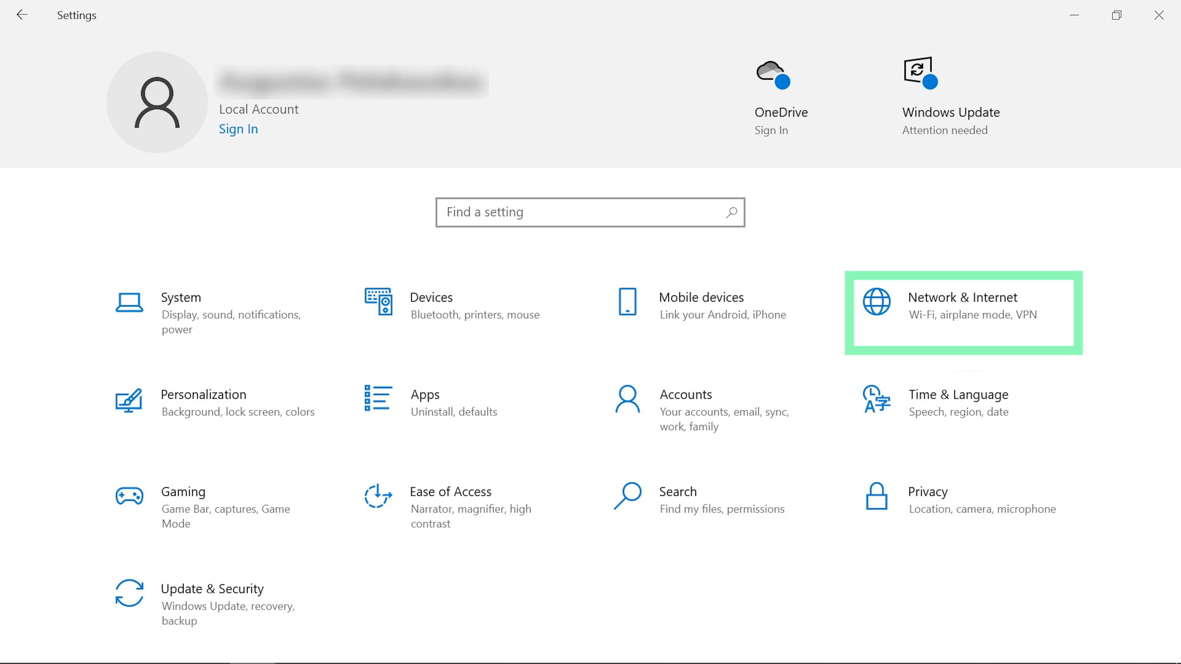 Windows 10 settings navigation