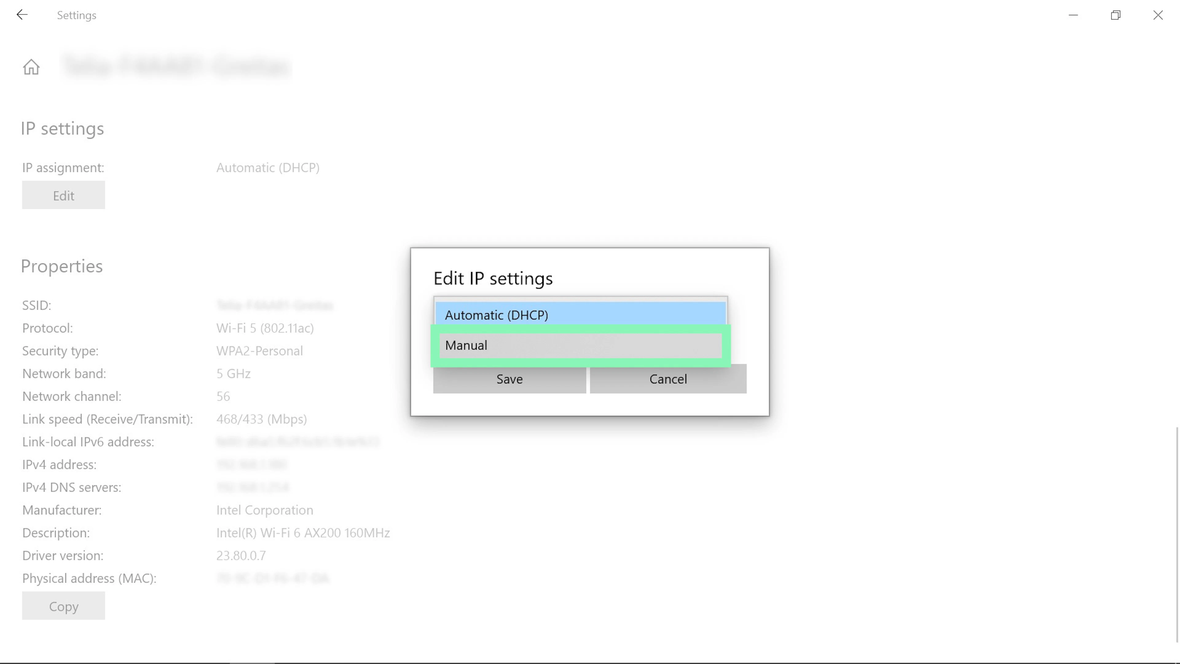 Edit IP settings to Manual on Windows 10