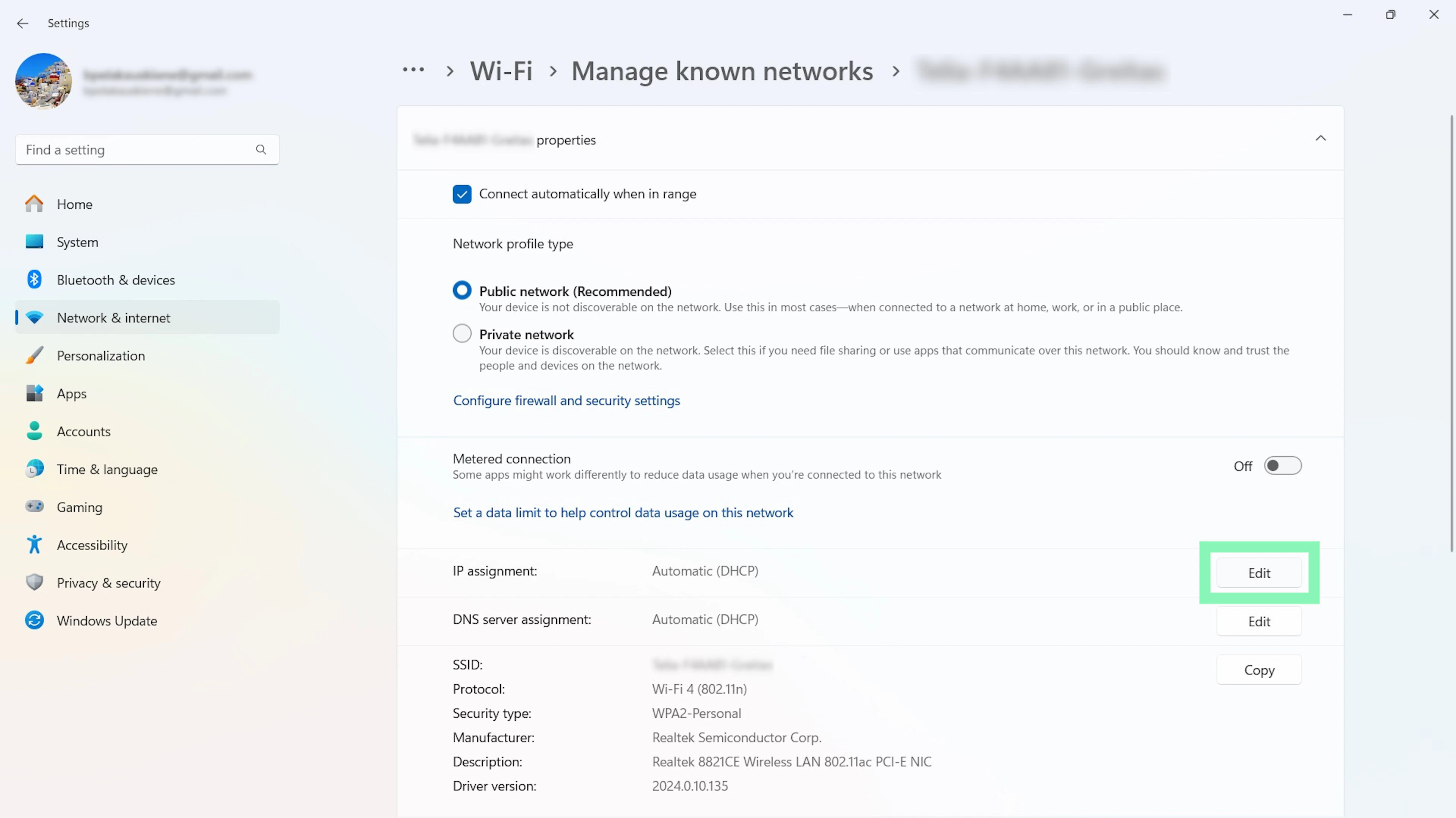 Editing IP assignment Windows 11