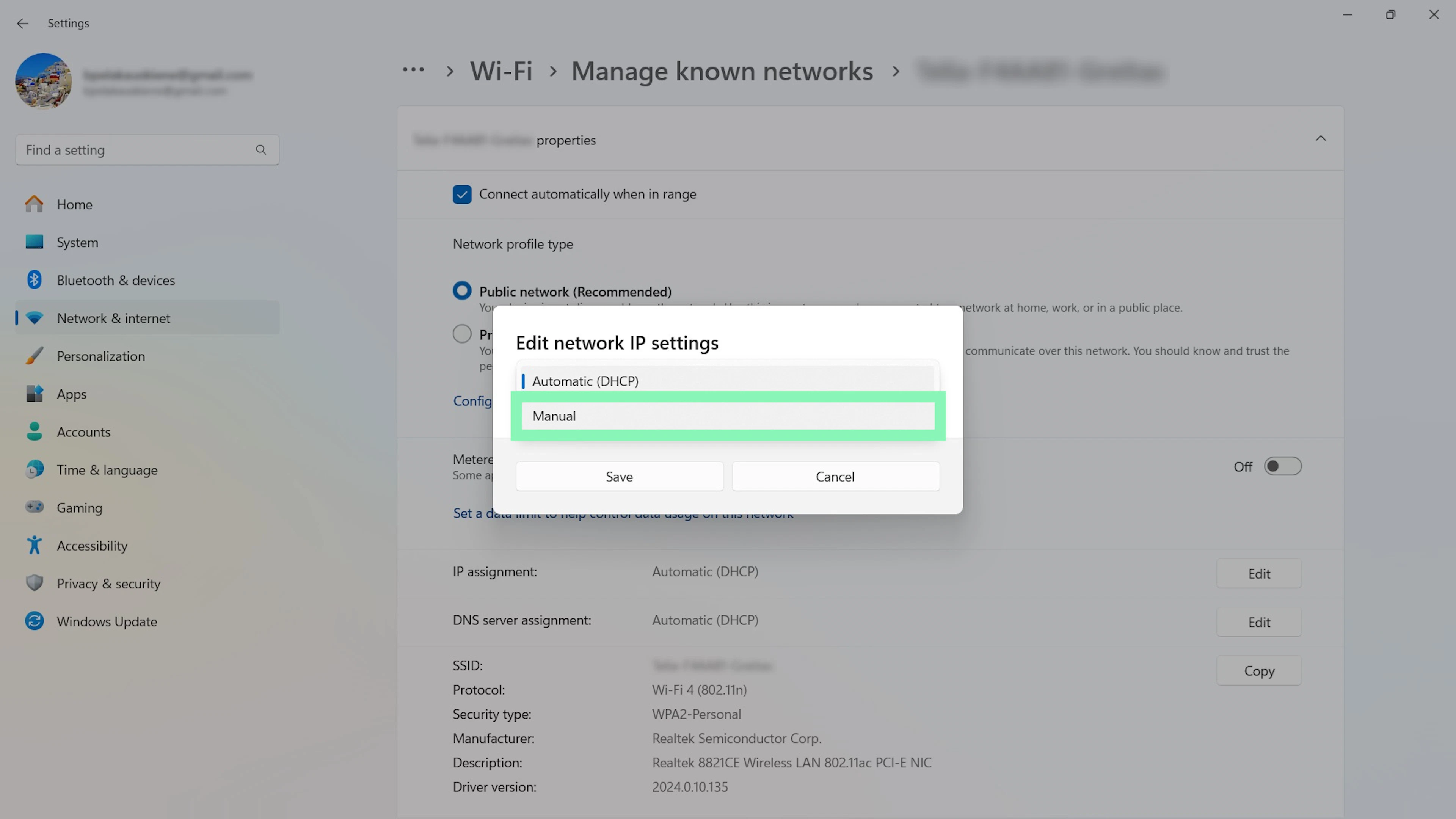 Manually input IP Windows 11