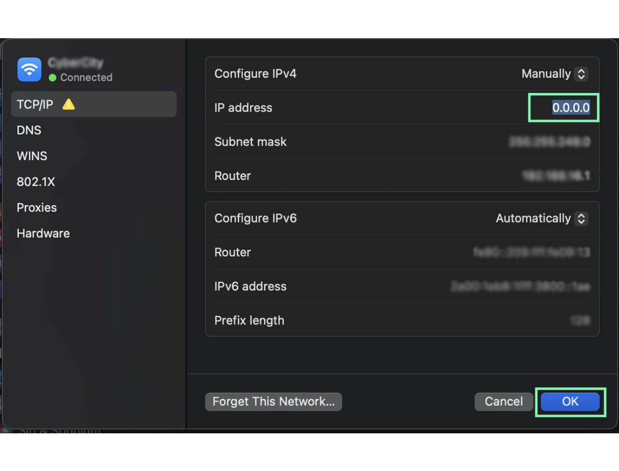 Saving IP changes on Mac