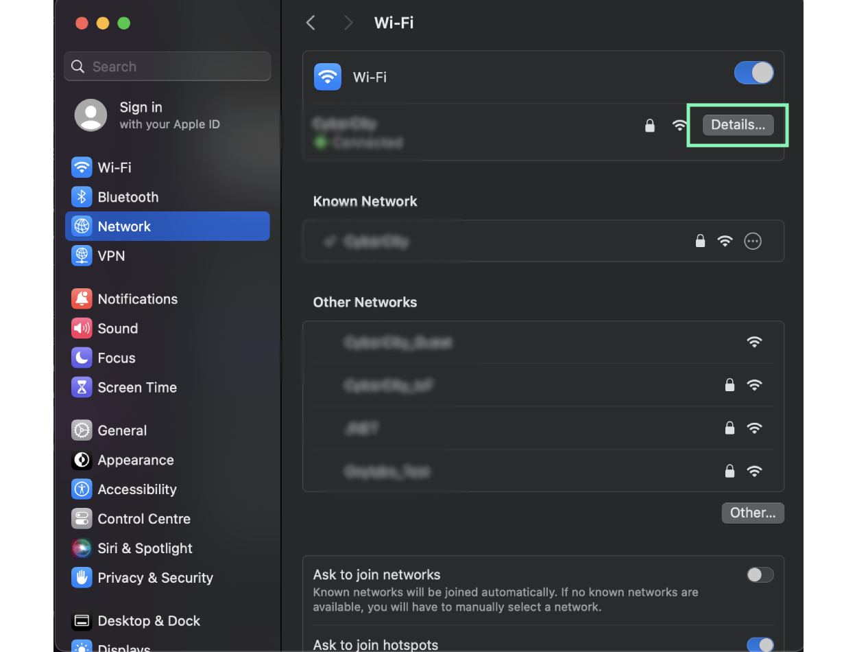 Opening active network details on Mac