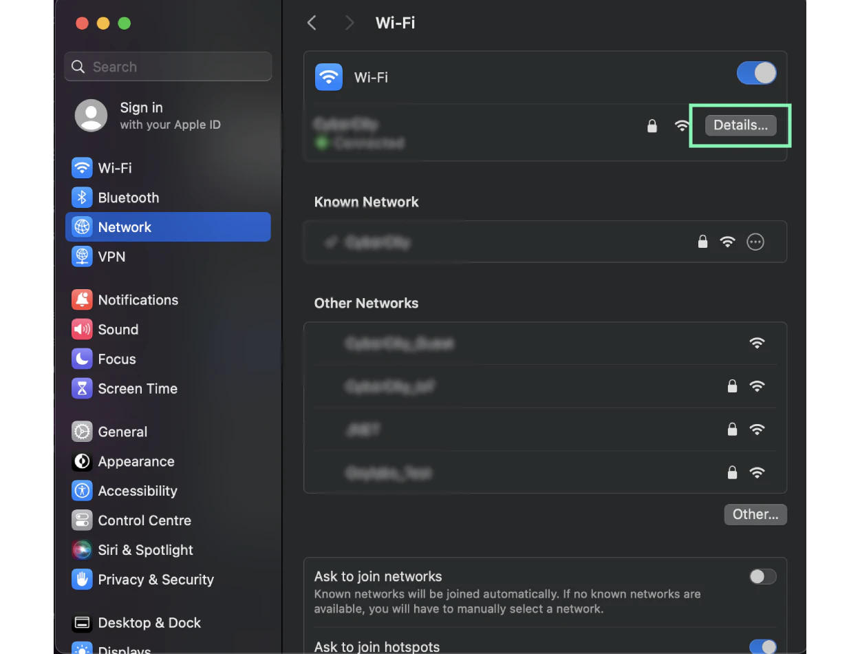 Opening active network details on Mac