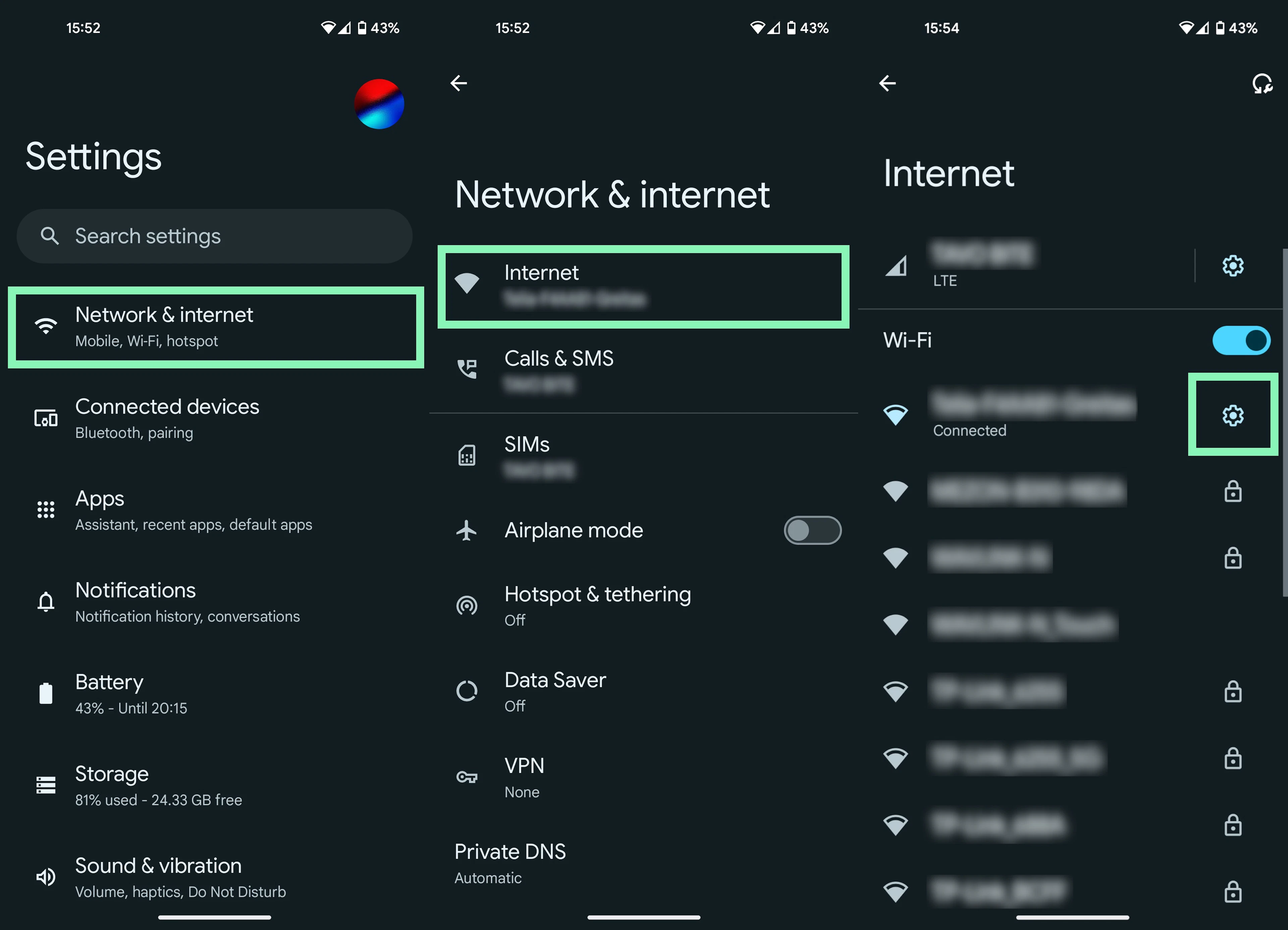 Android Settings app and Wi-Fi screen