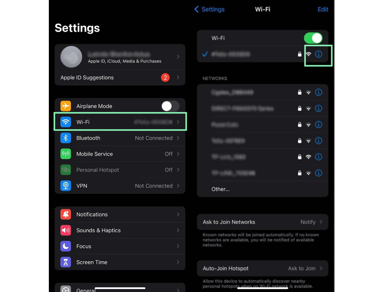 iPhone iOS Settings app and Wi-Fi settings screens