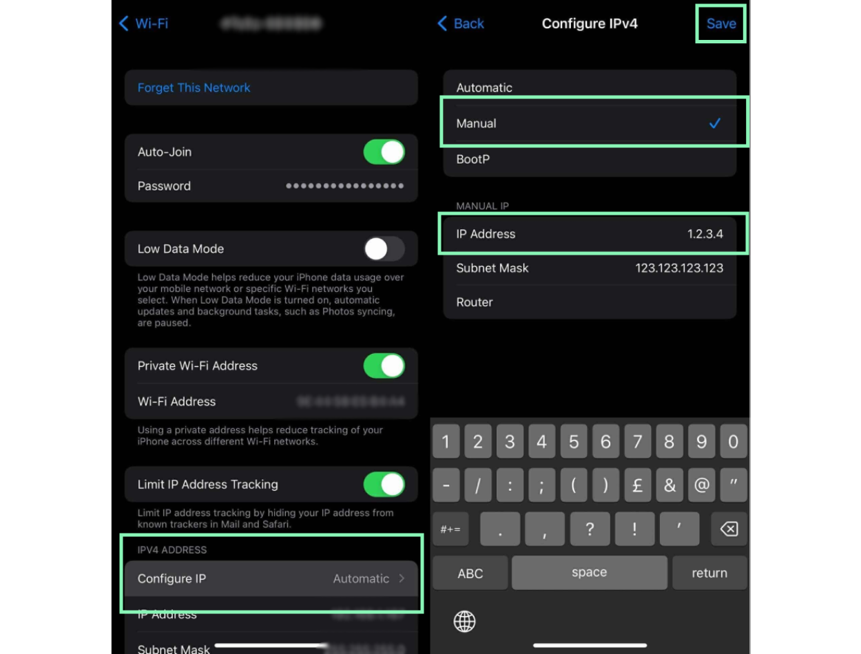 iPhone Wi-Fi details and changing IP address screens