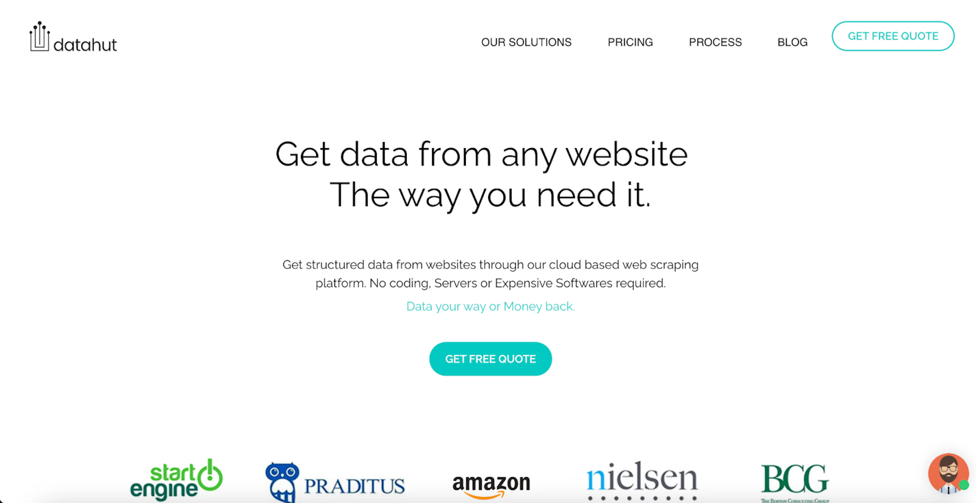 Datahut fully managed, cloud-based scraping service democratizing web data access with 100% data integrity.