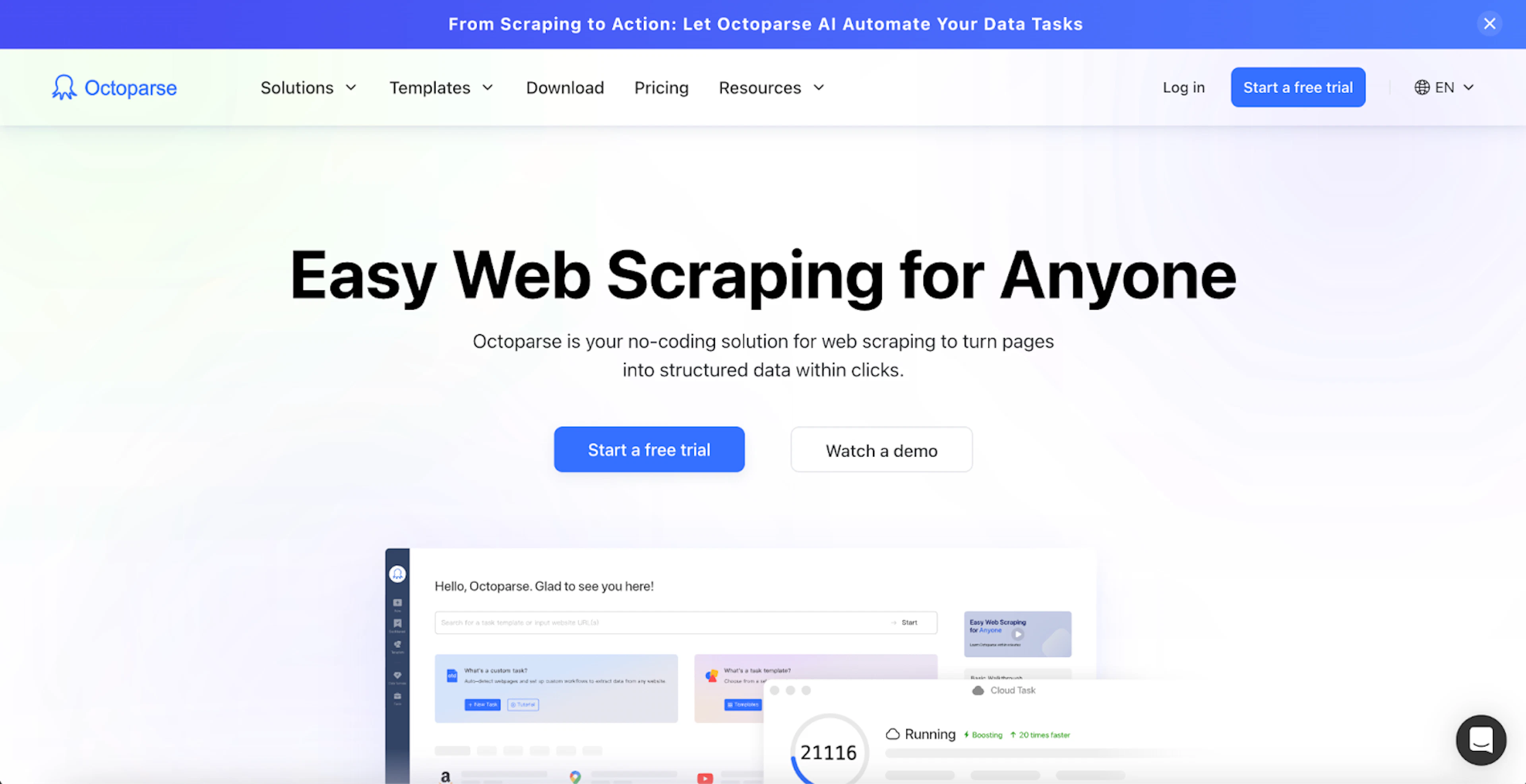 Octoparse no-code scraping service with a drag-and-drop workflow designer that transforms web data into structured data.
