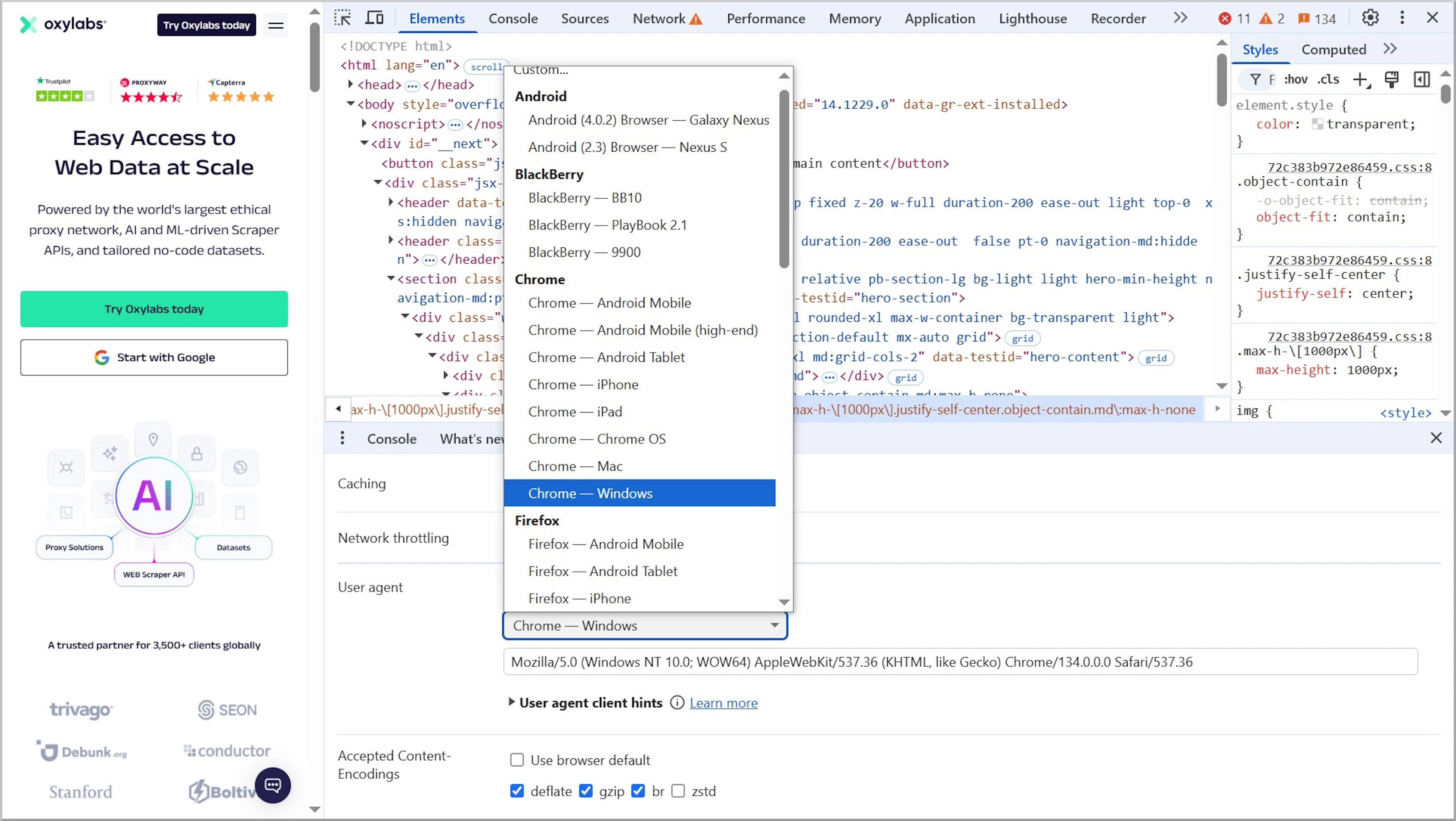 Set up a custom user agent string