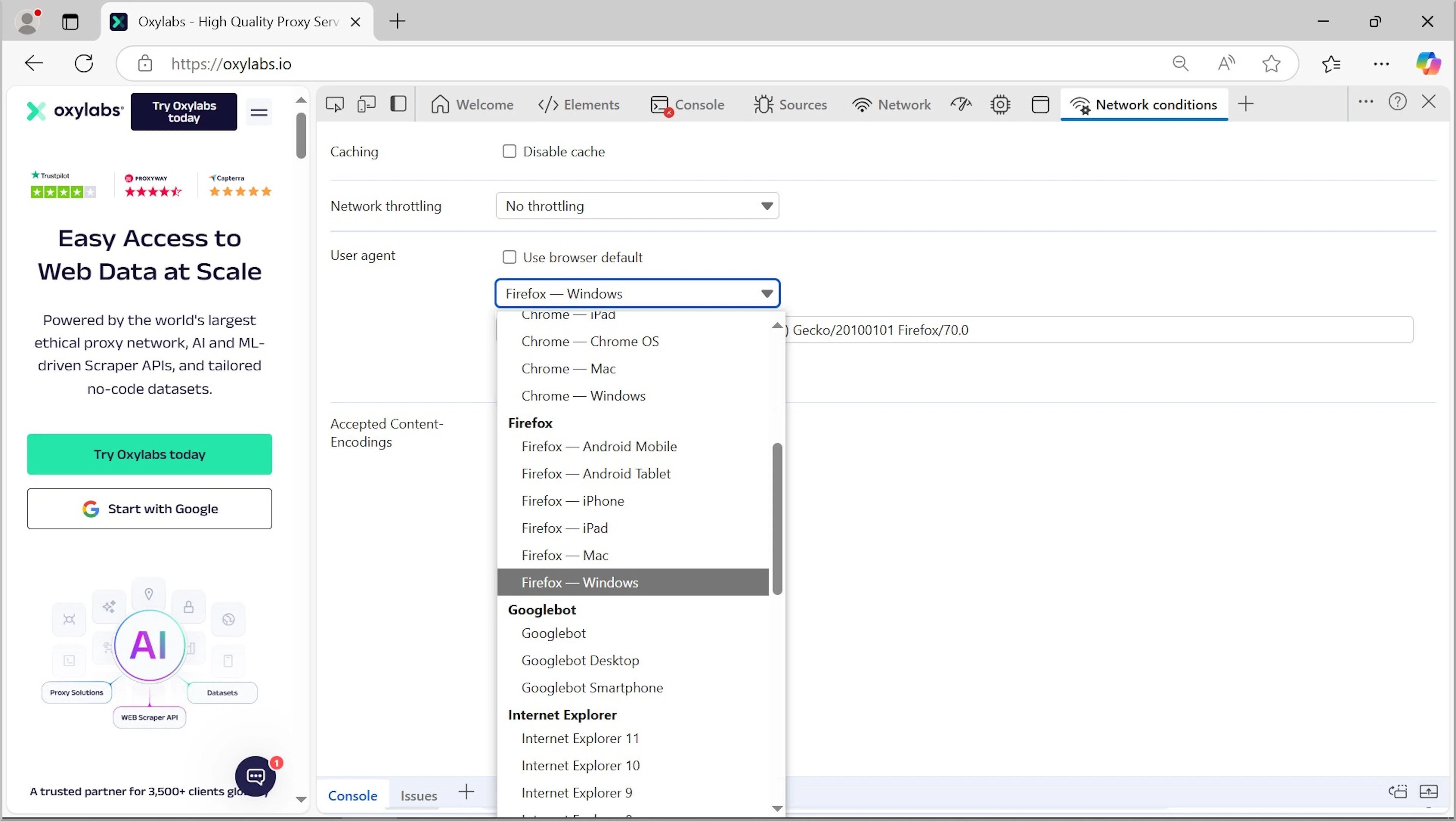 Set up a custom user agent string