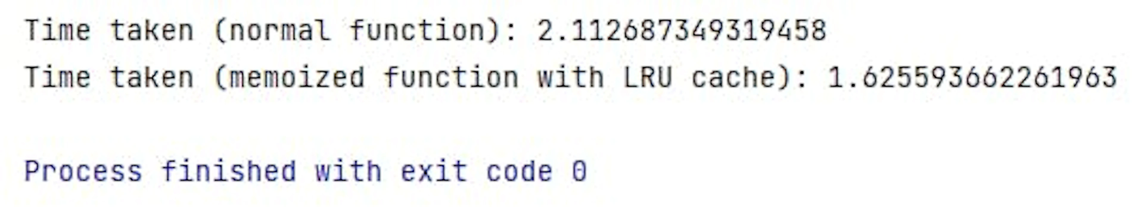 Time comparison of a normal function and a cached function with LRU