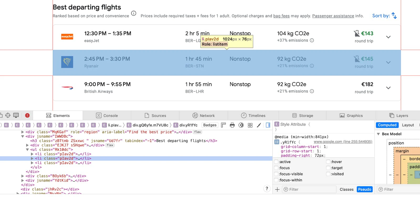 Google flights API python tutorial – inspecting the HTML of the Google Flights page, showcasing that all the flight listings are inside a <li> HTML object with the class pIav2d