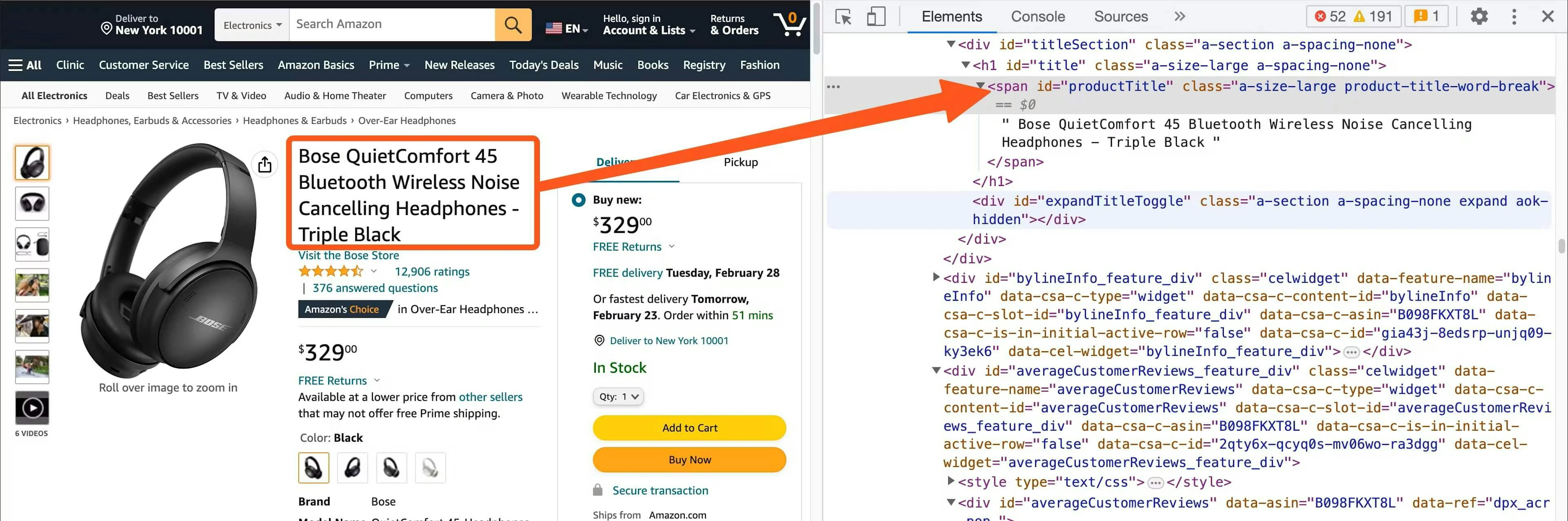 highlighted HTML markup of the product title