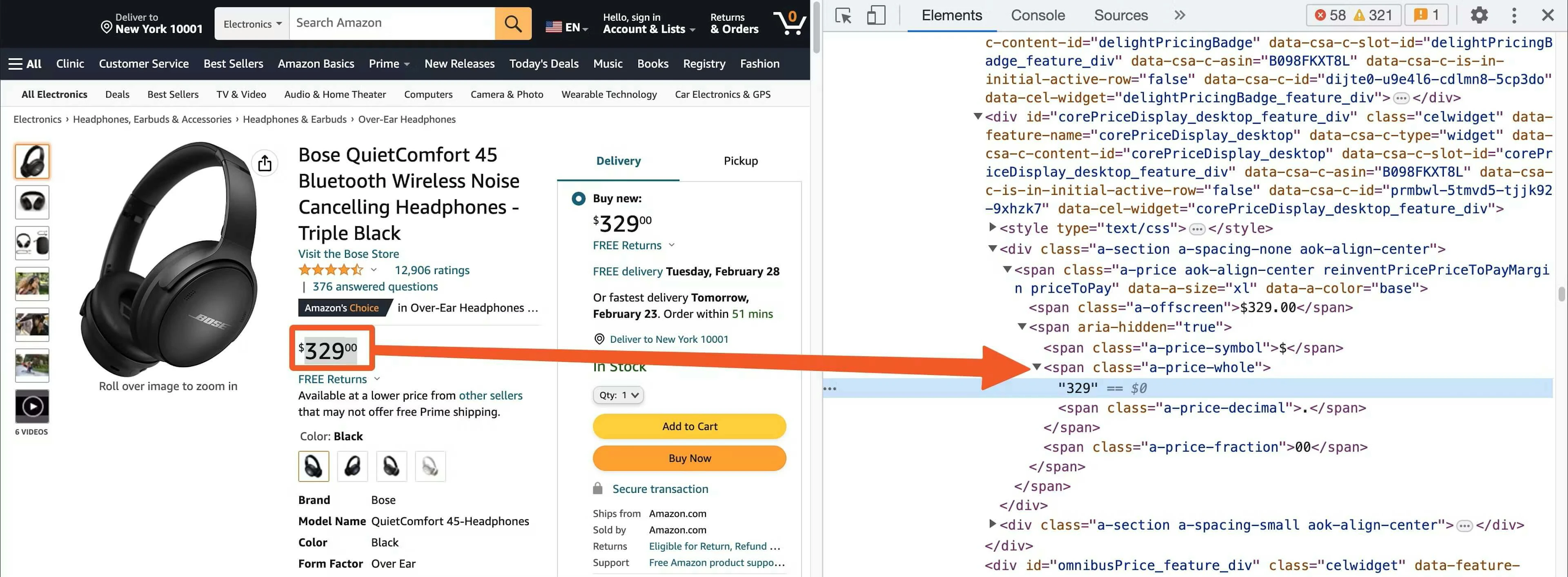 HTML markup of the price in devtools