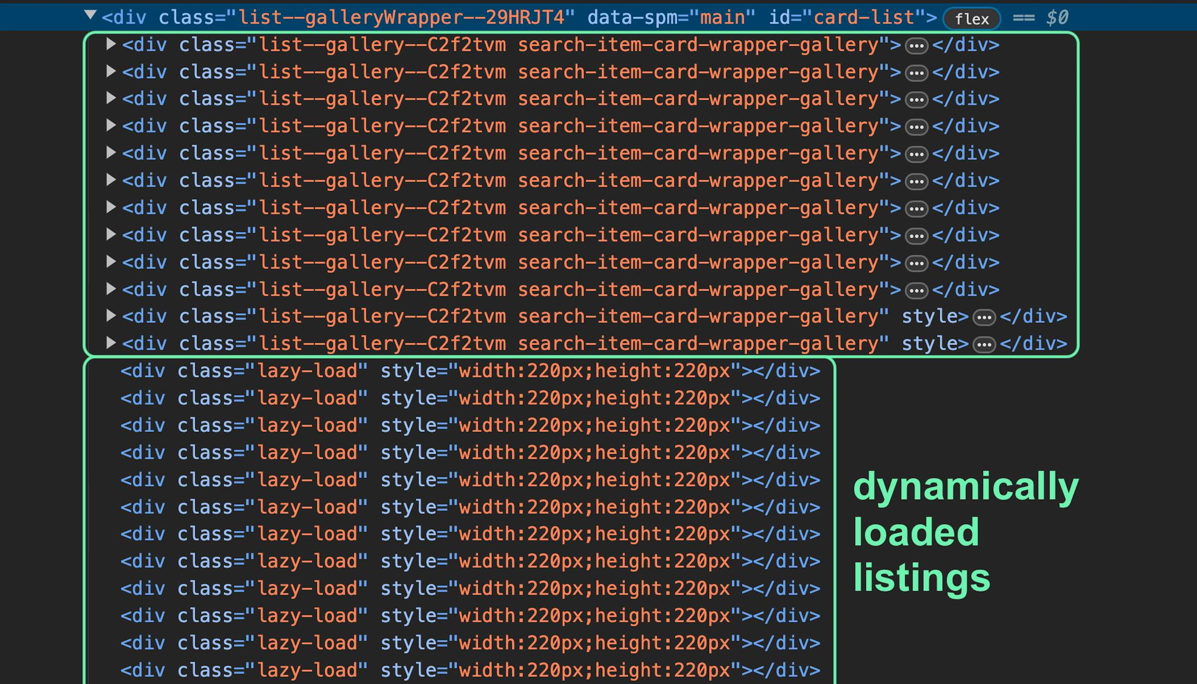 Inspecting the HTML structure of the listings