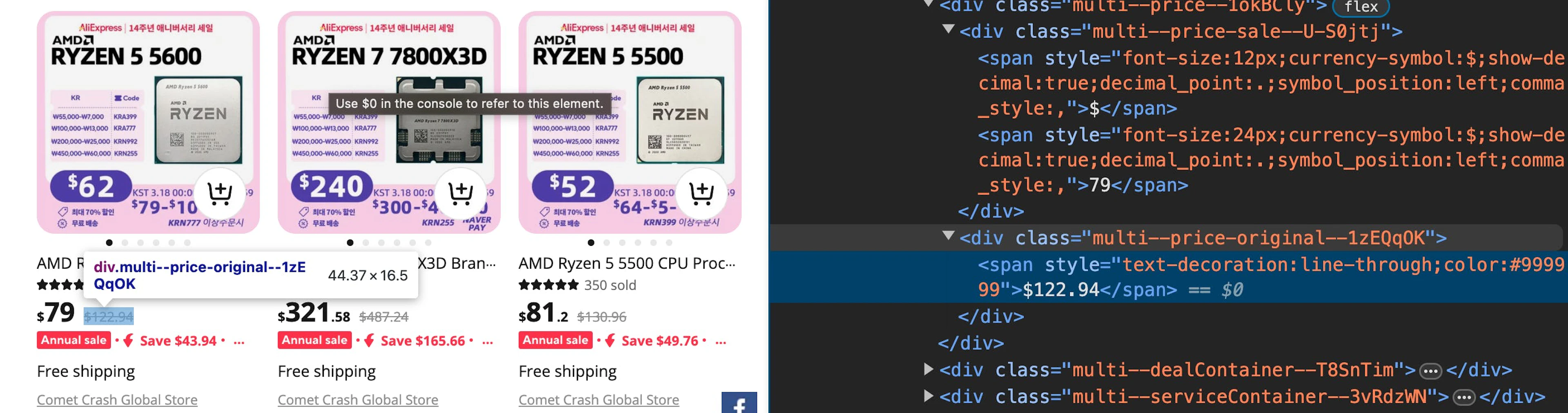Finding the original price via Developer Tools