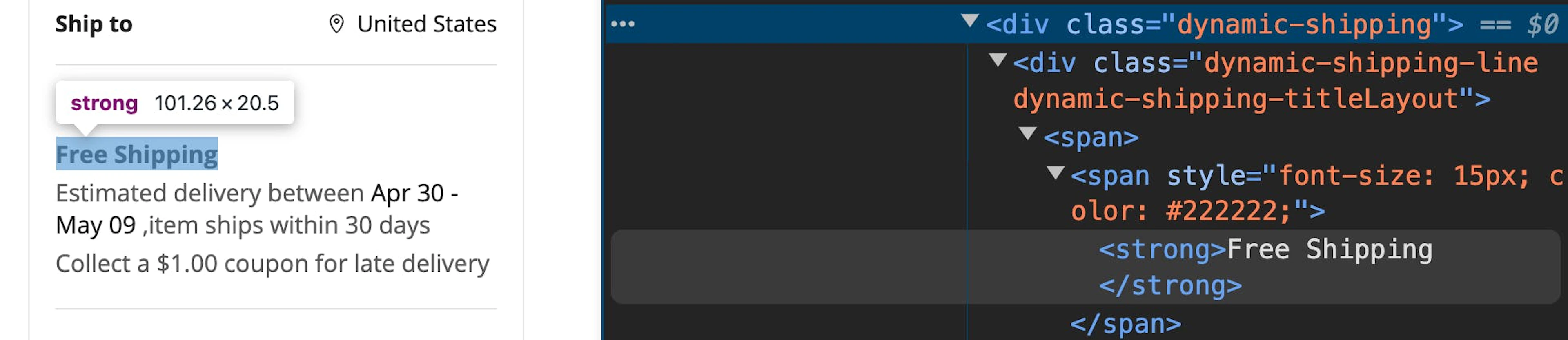 Finding the product's delivery information via Developer Tools