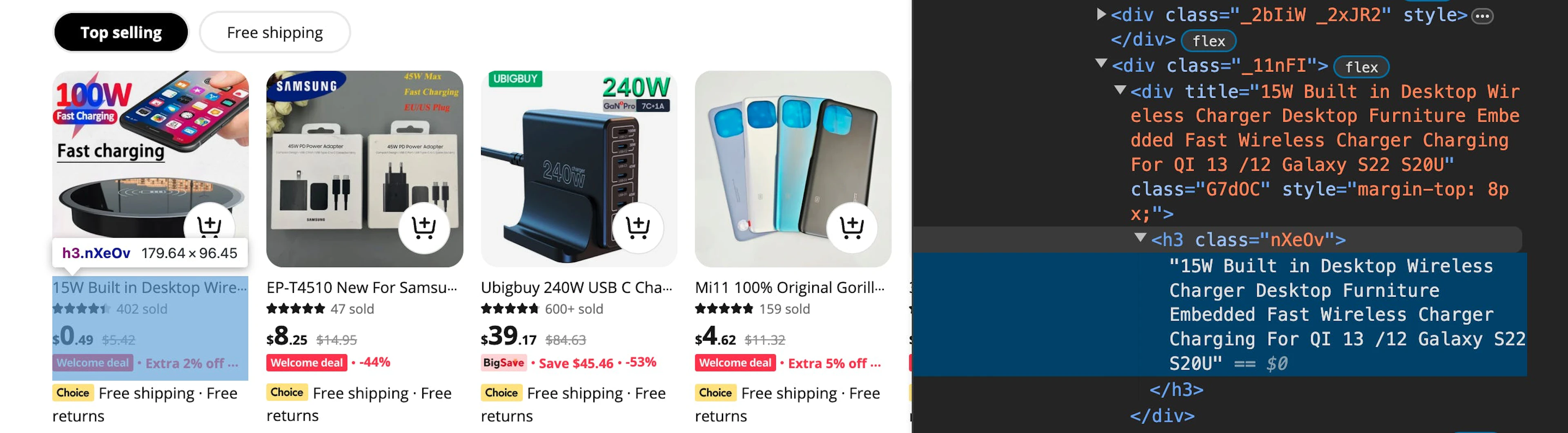 Finding the top-selling product's title via Developer Tools