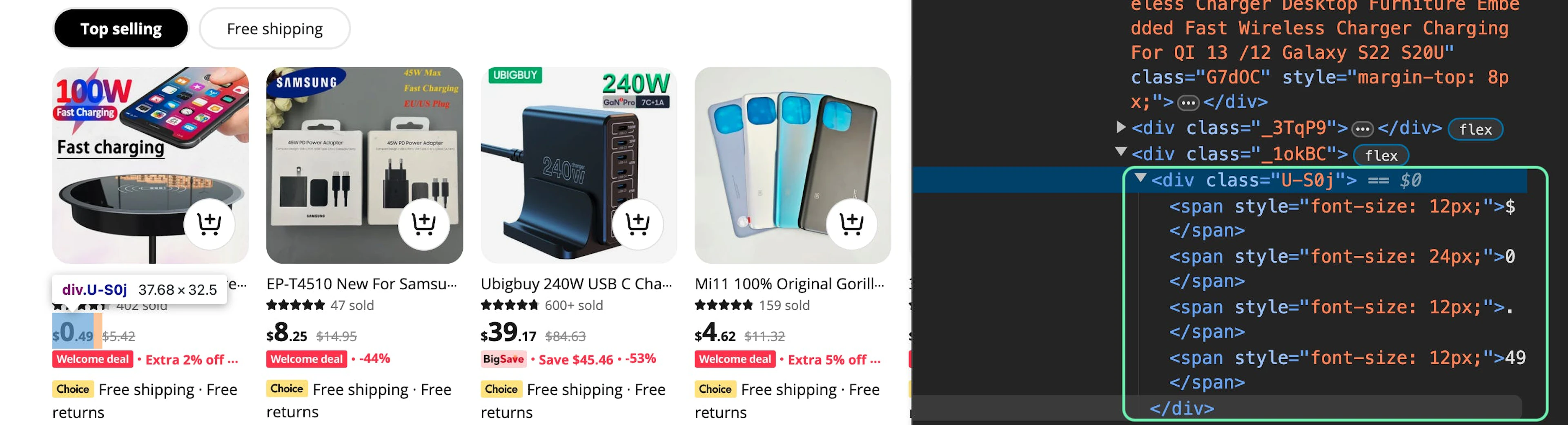Finding the top-selling product's current price via Developer Tools