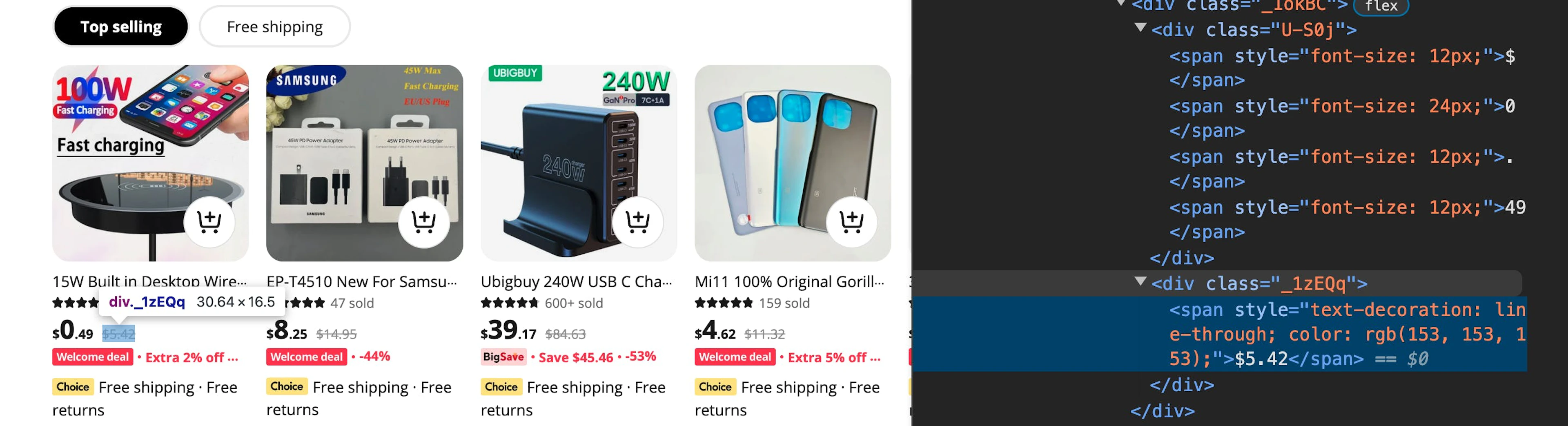 Finding the top-selling product's original price via Developer Tools