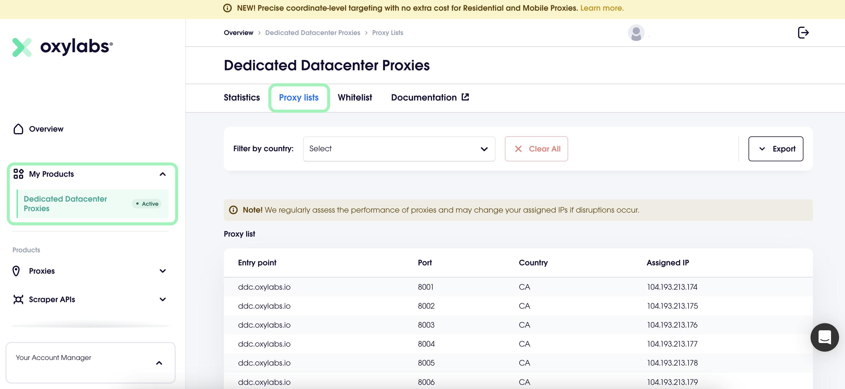 Accessing a proxy list in the Oxylabs dashboard