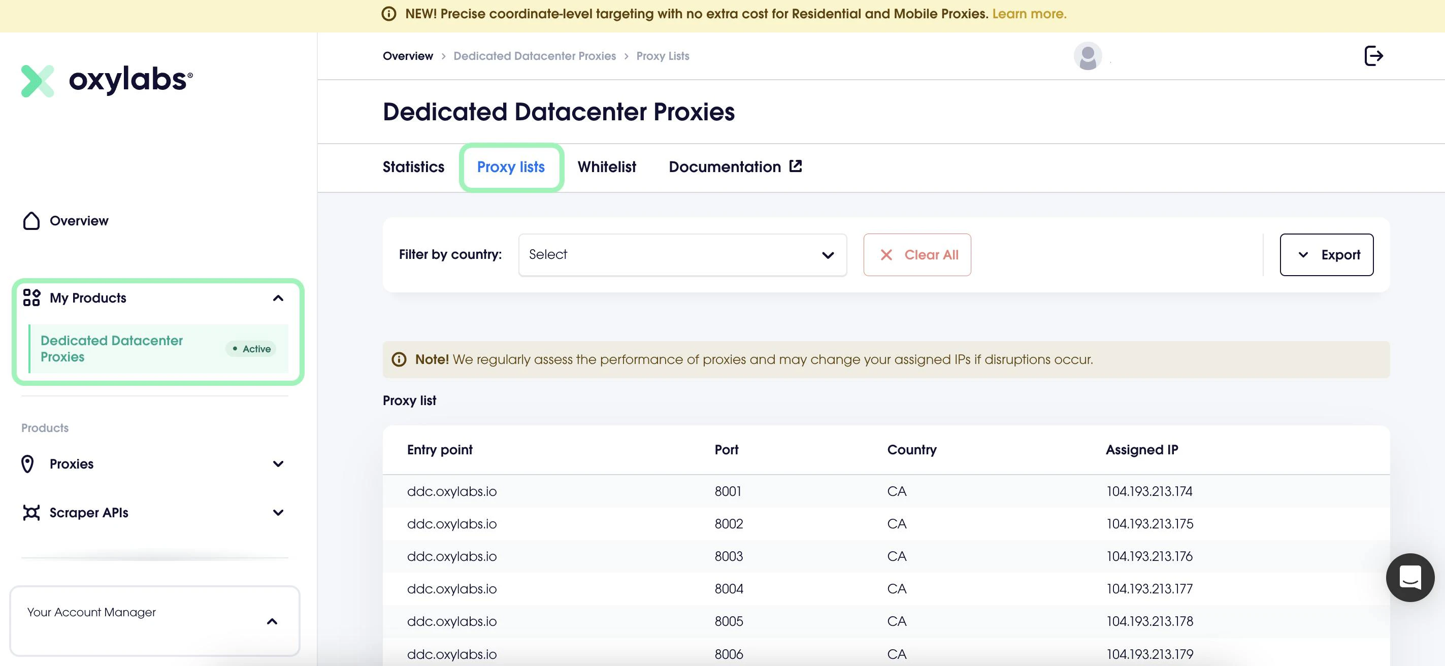 Accessing a proxy list in the Oxylabs dashboard