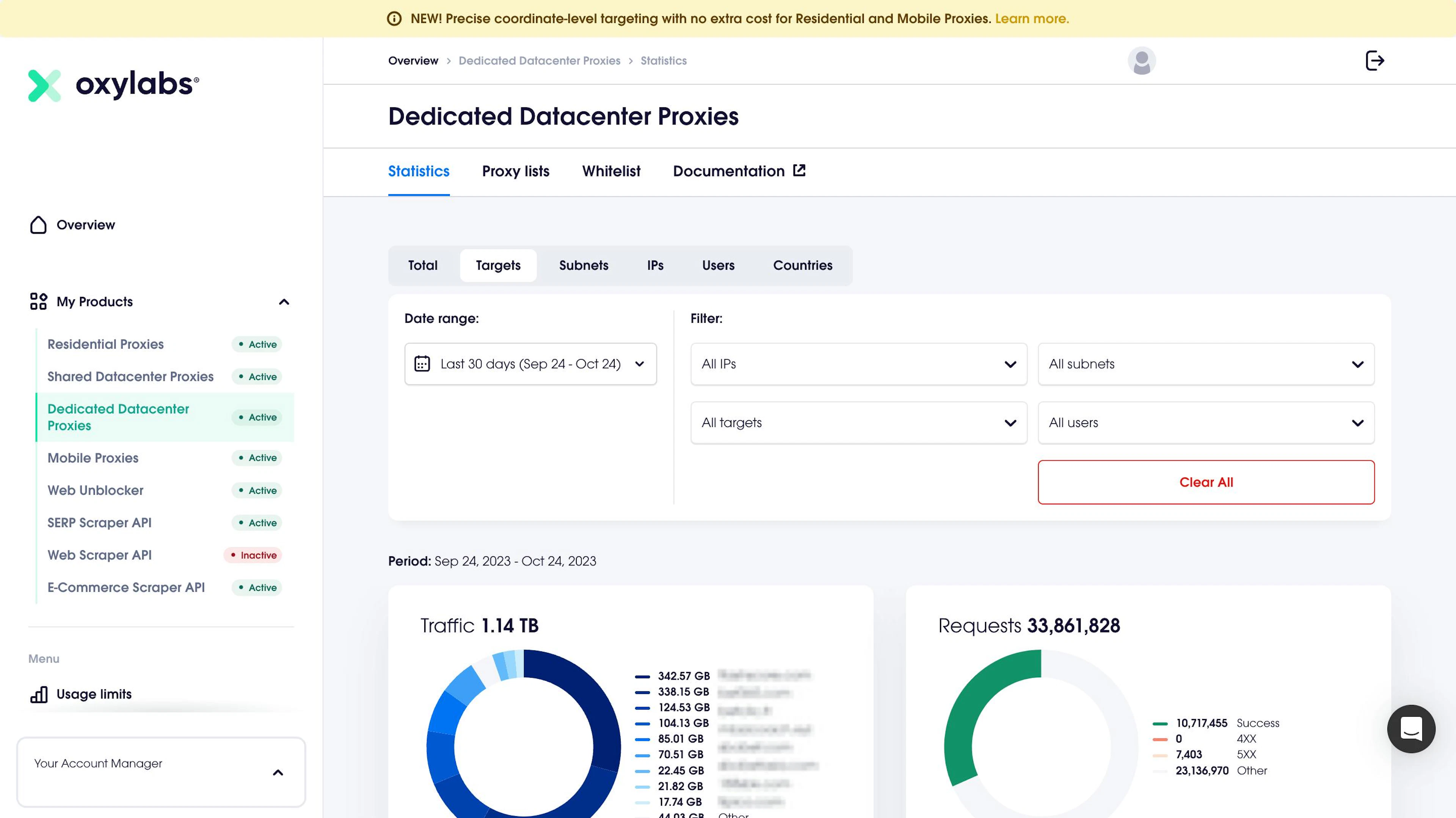 Filtering usage statistics by targets