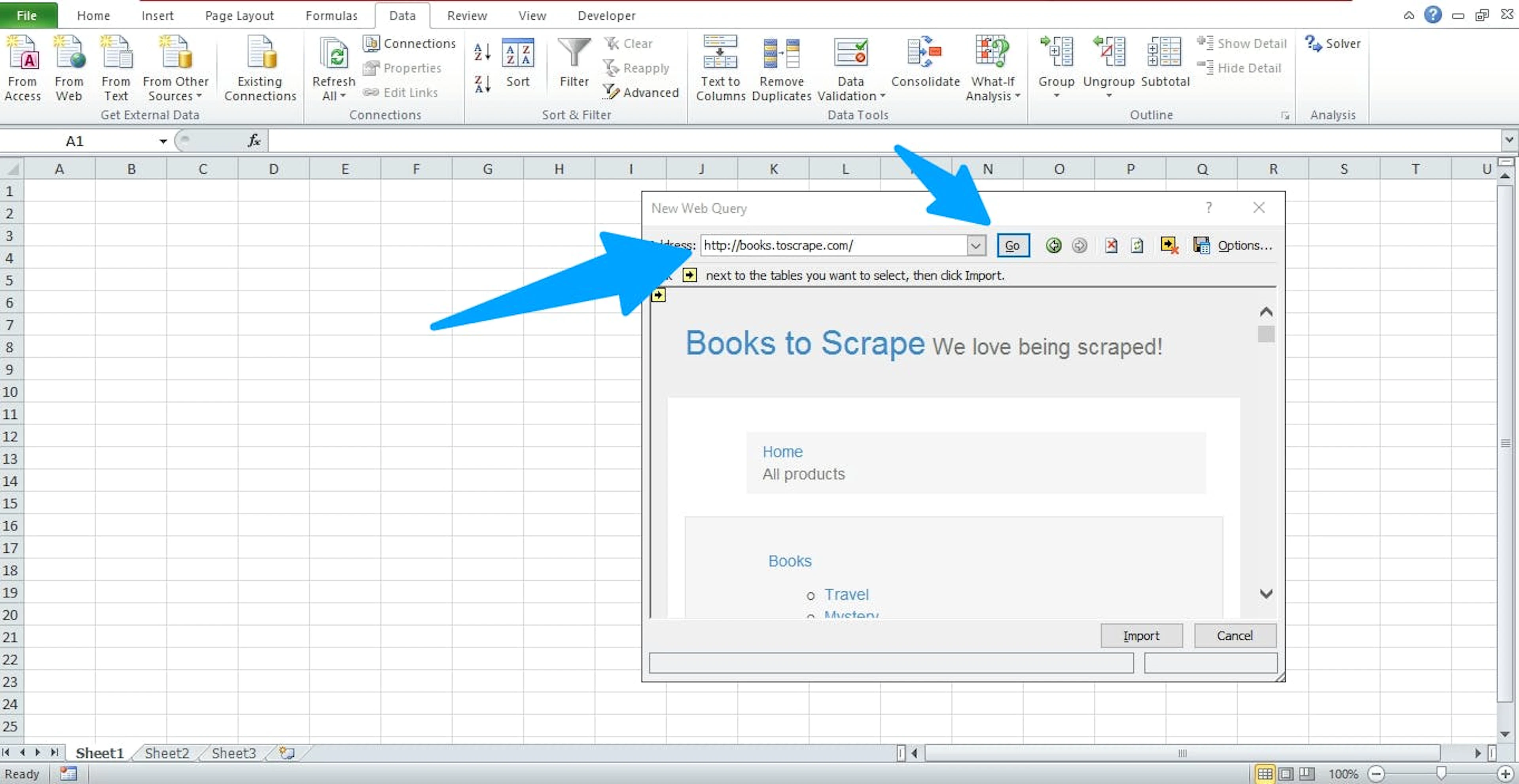 Type the URL "https://books.toscrape.com" and click "Go"
