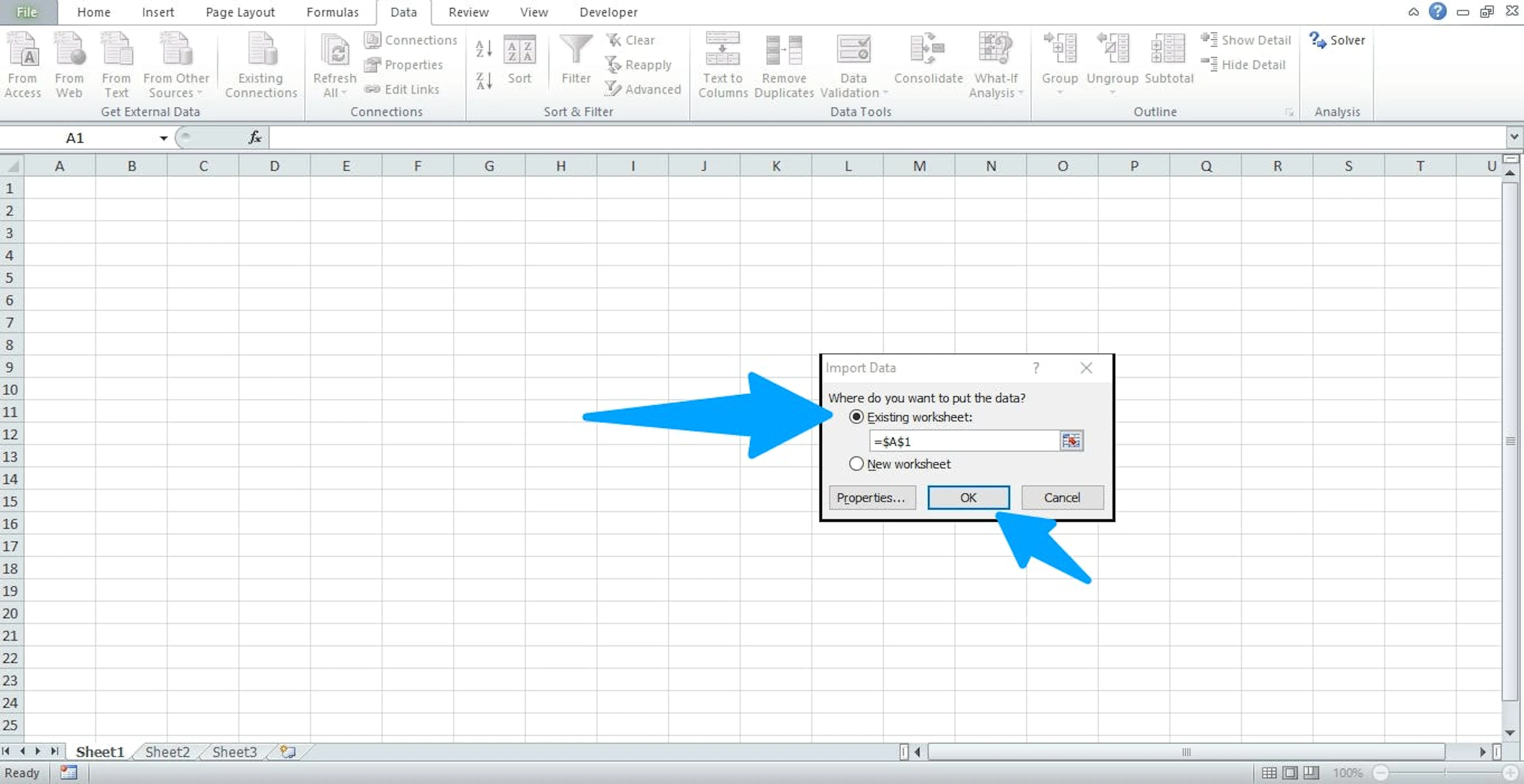 Select the "Existing worksheet" option and click "OK"