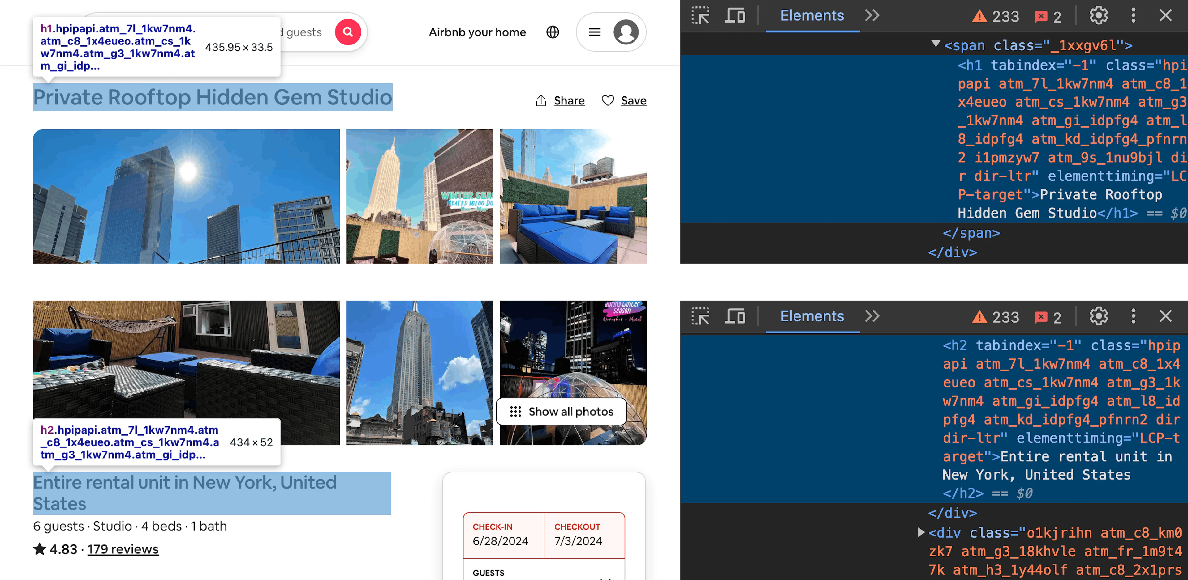 Inspecting Aribnb titles via Developer Tools