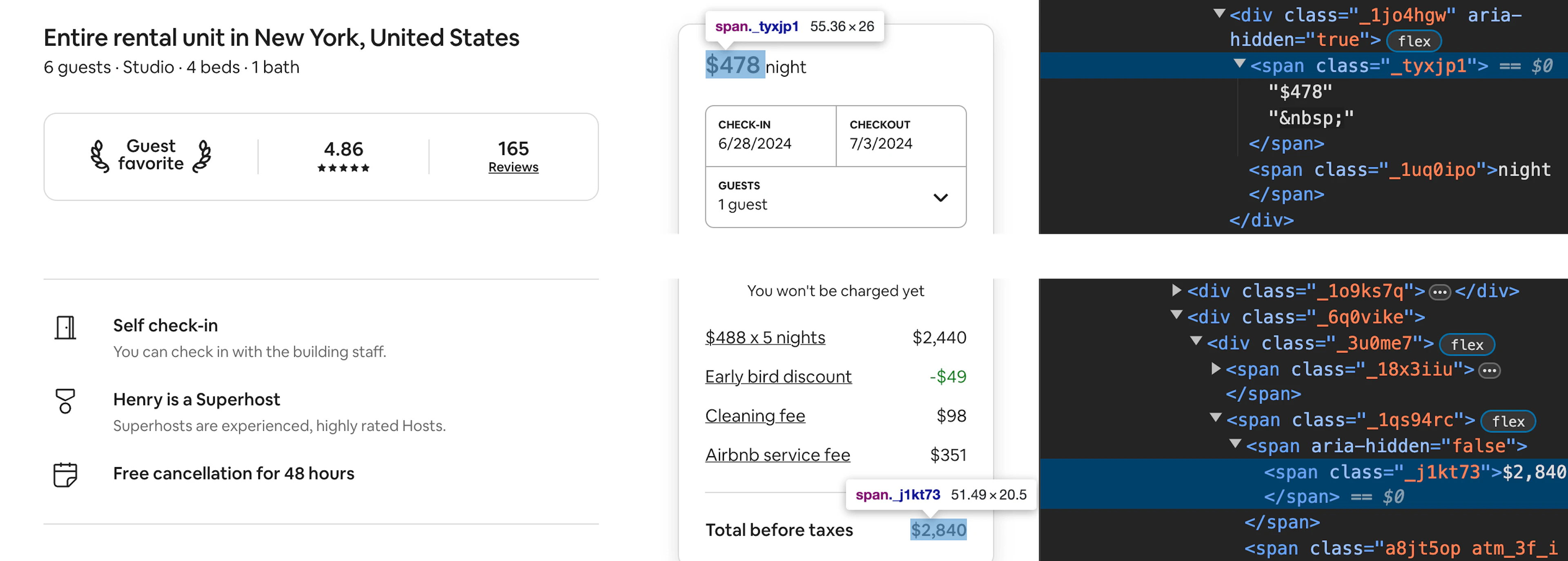 Inspecting Aribnb pricing via Developer Tools