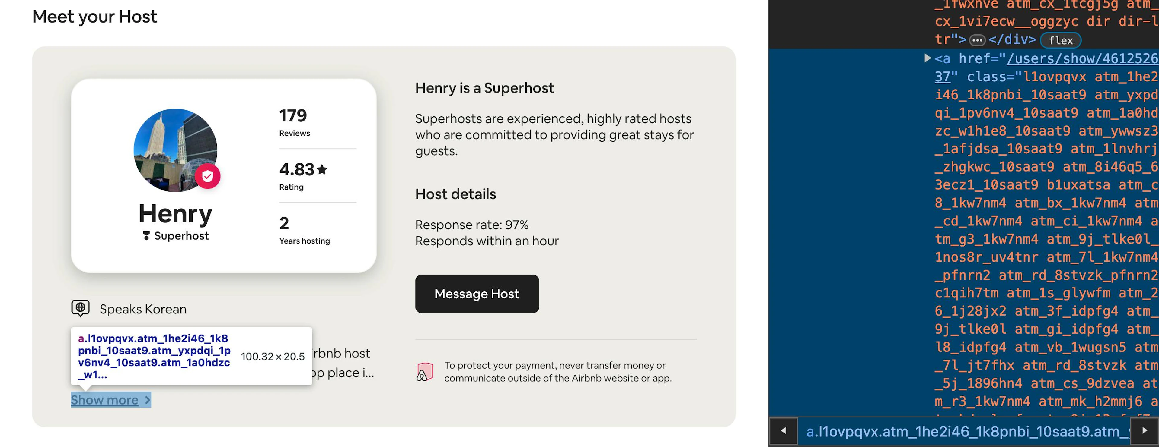 Inspecting Aribnb host profile URL via Developer Tools