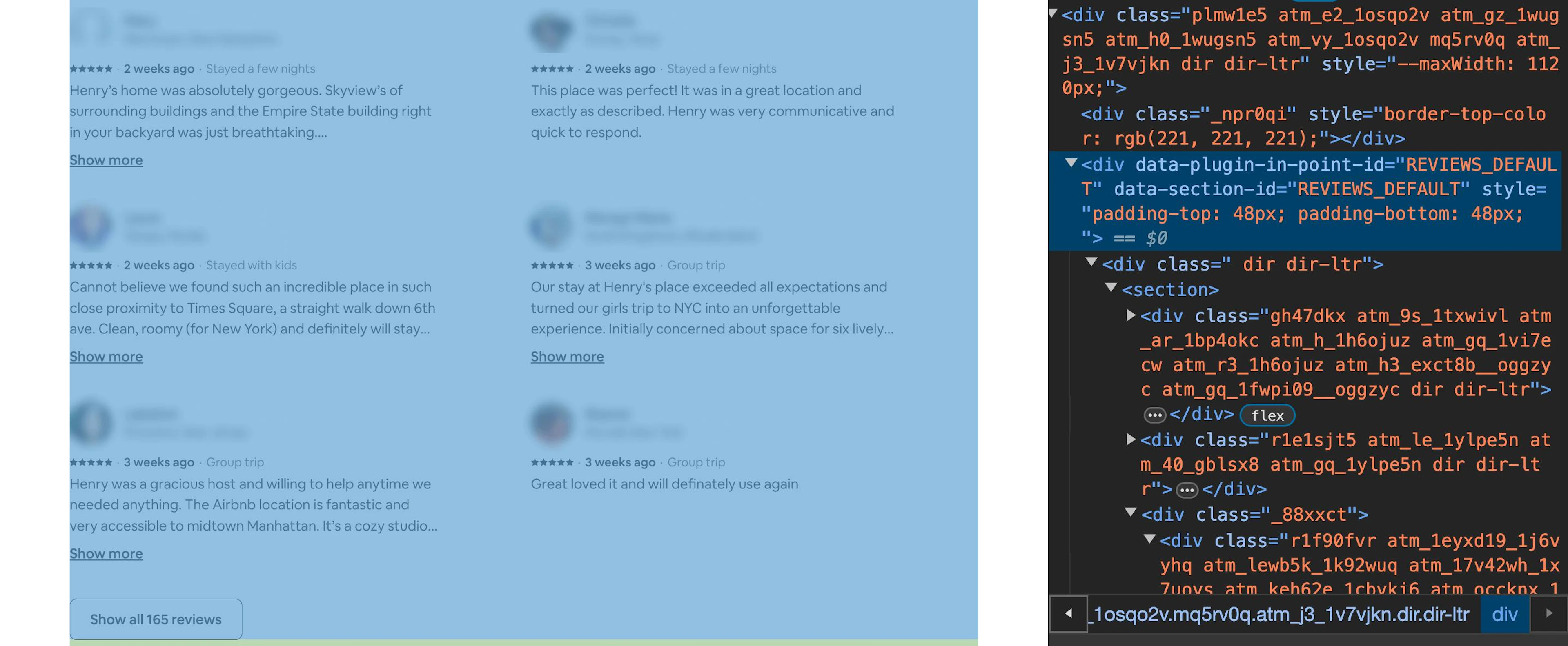 Inspecting Aribnb listing reviews via Developer Tools
