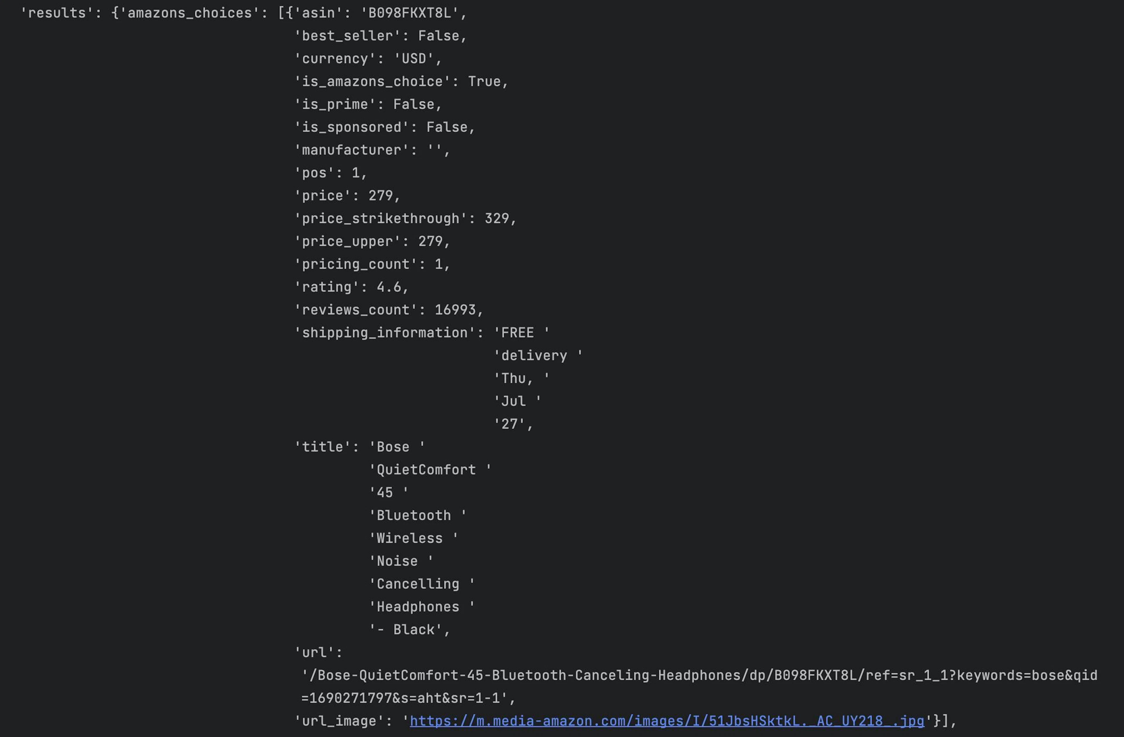 Amazon product search output sample