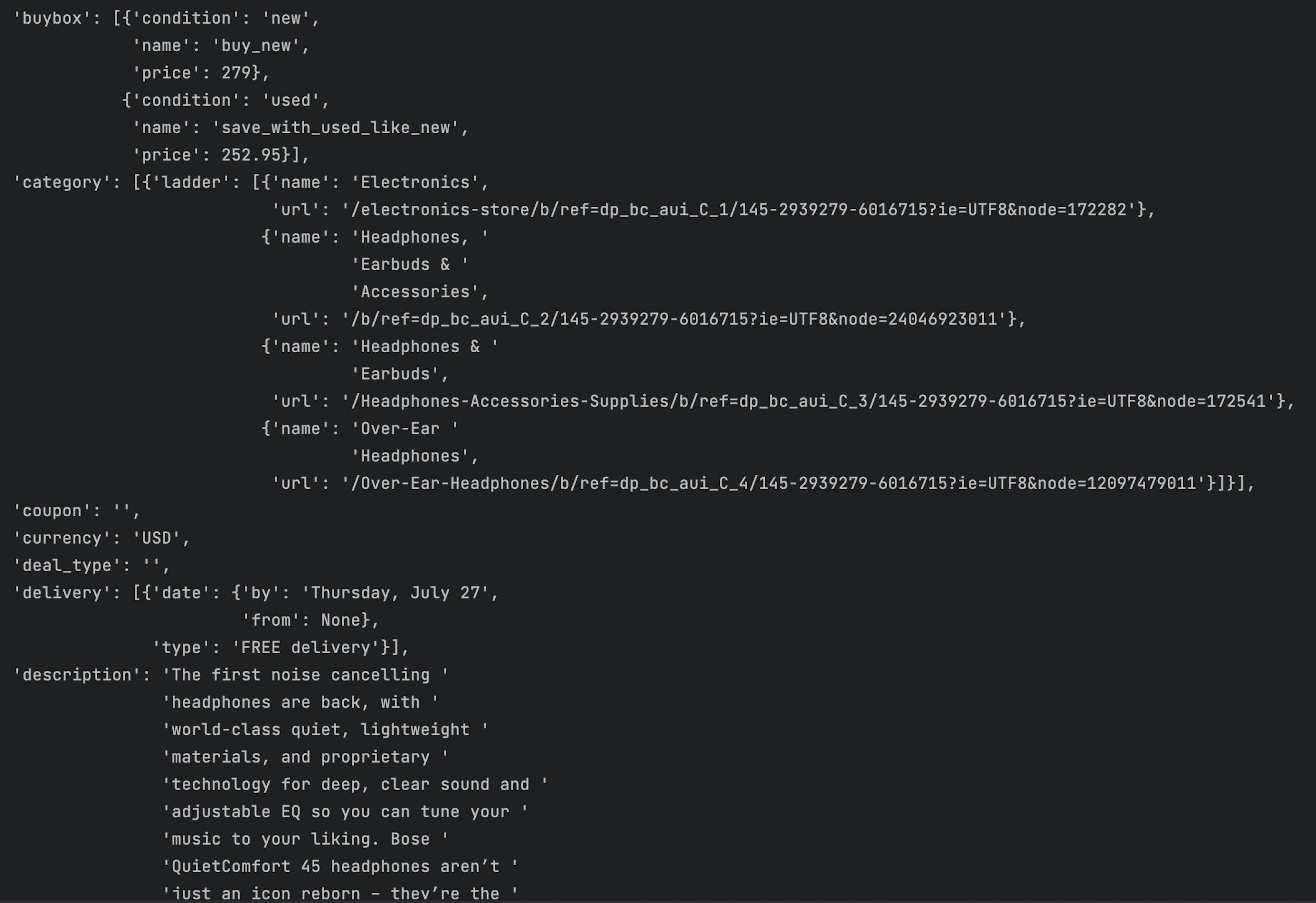 Amazon product details output sample