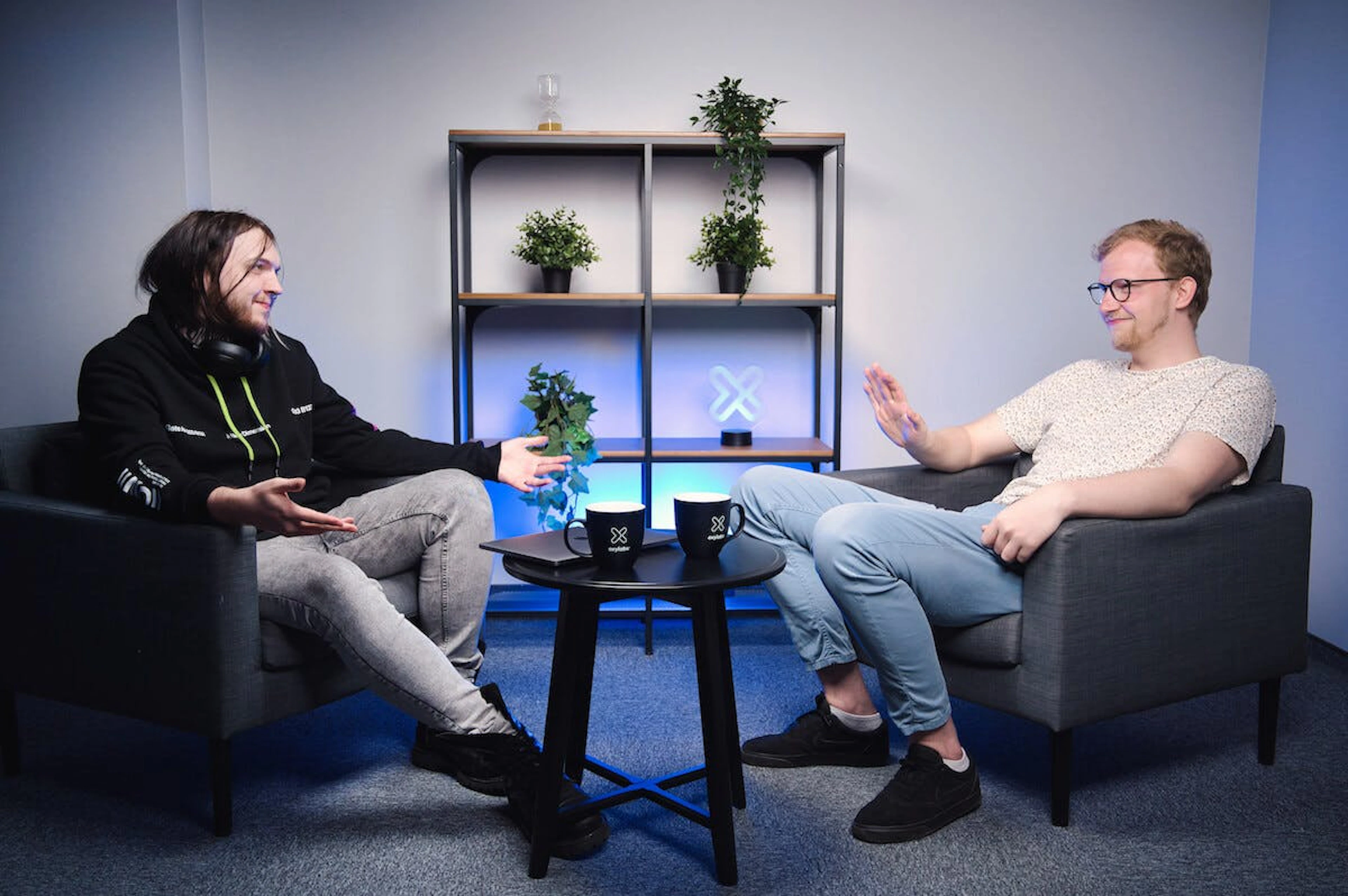 Augustinas and Jurijus on the set of OxyCast #6 episode