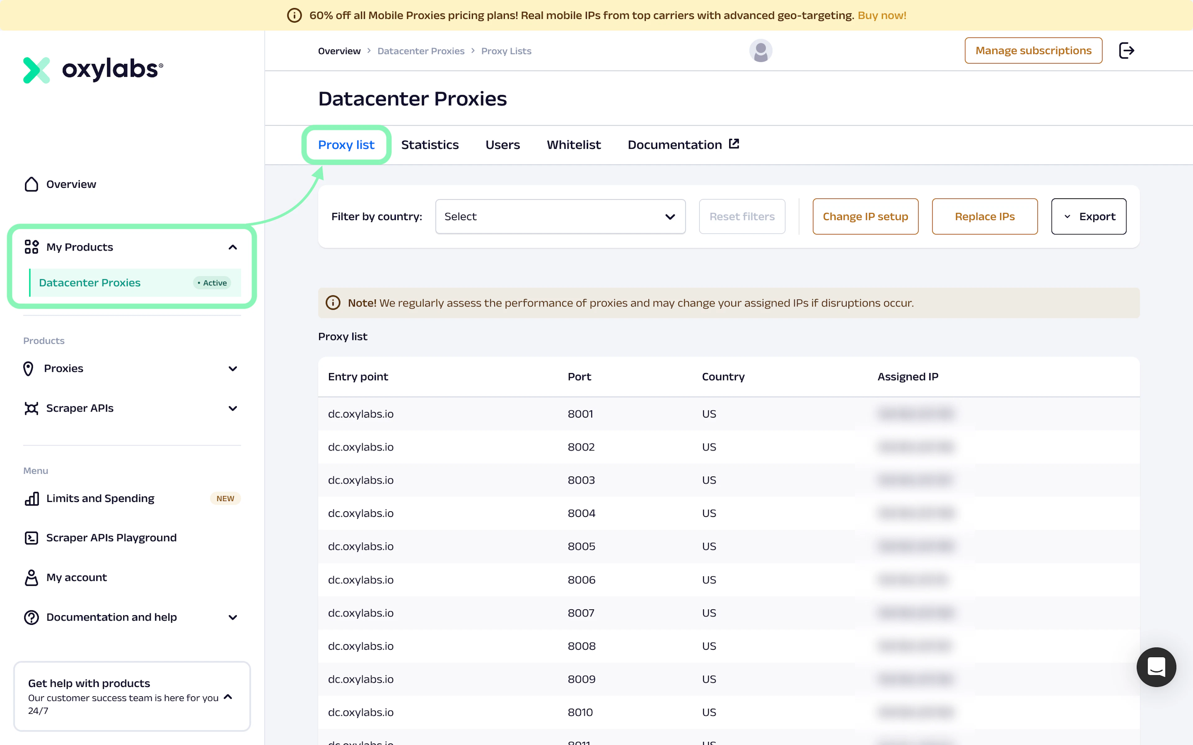 Finding and viewing the proxy list in the dashboard