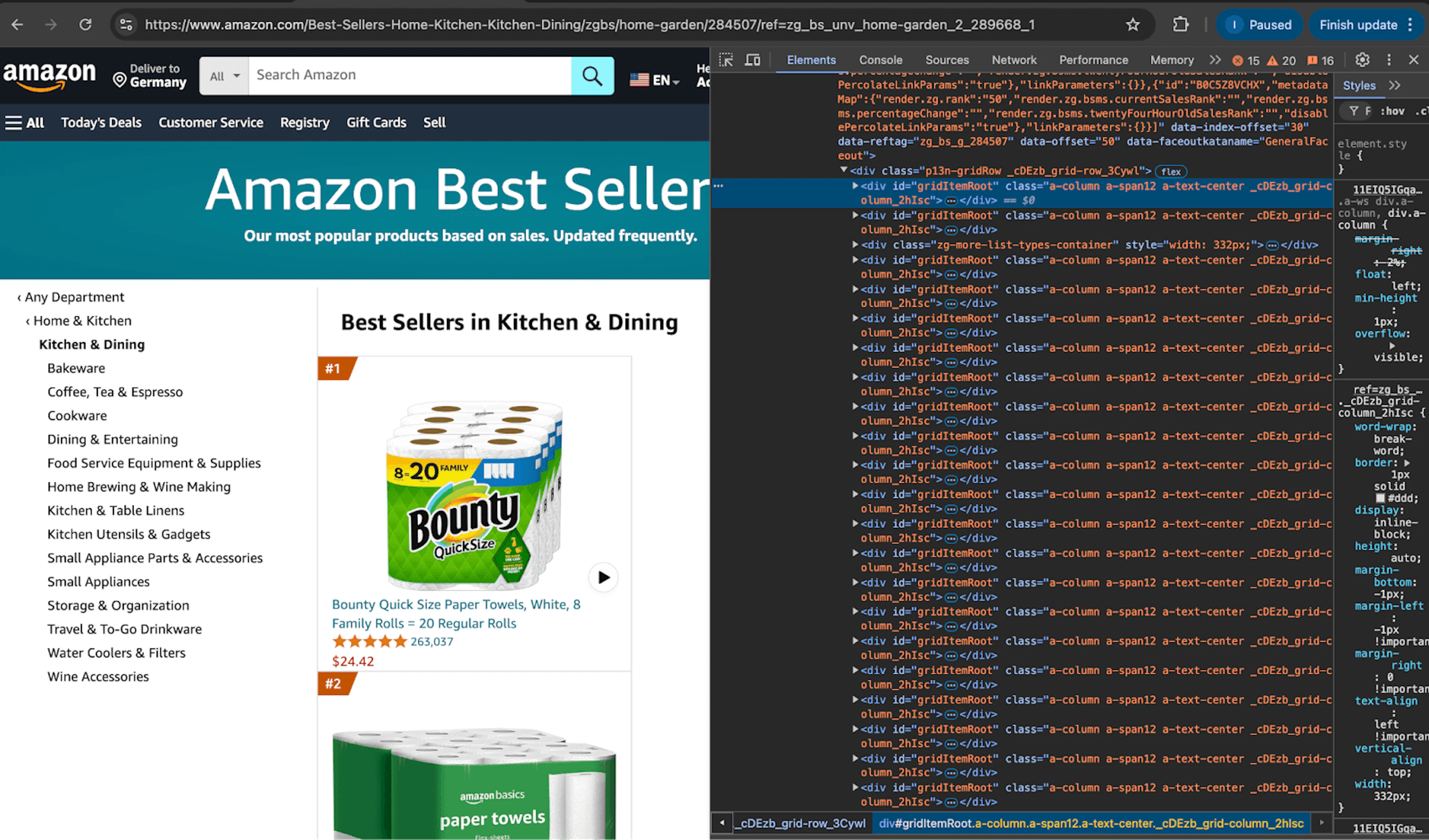 HTML of Amazon Best Sellers page