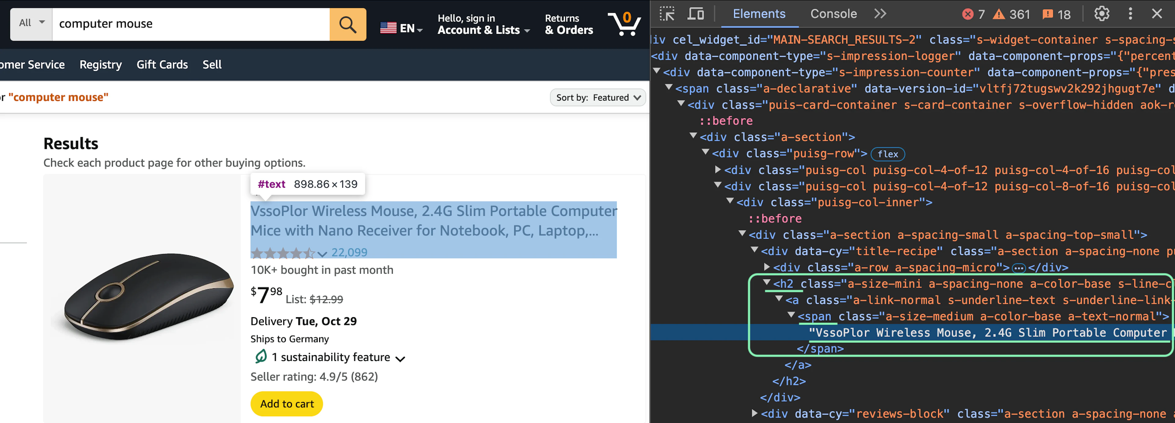 Inspecting the Amazon product title via Dev Tools
