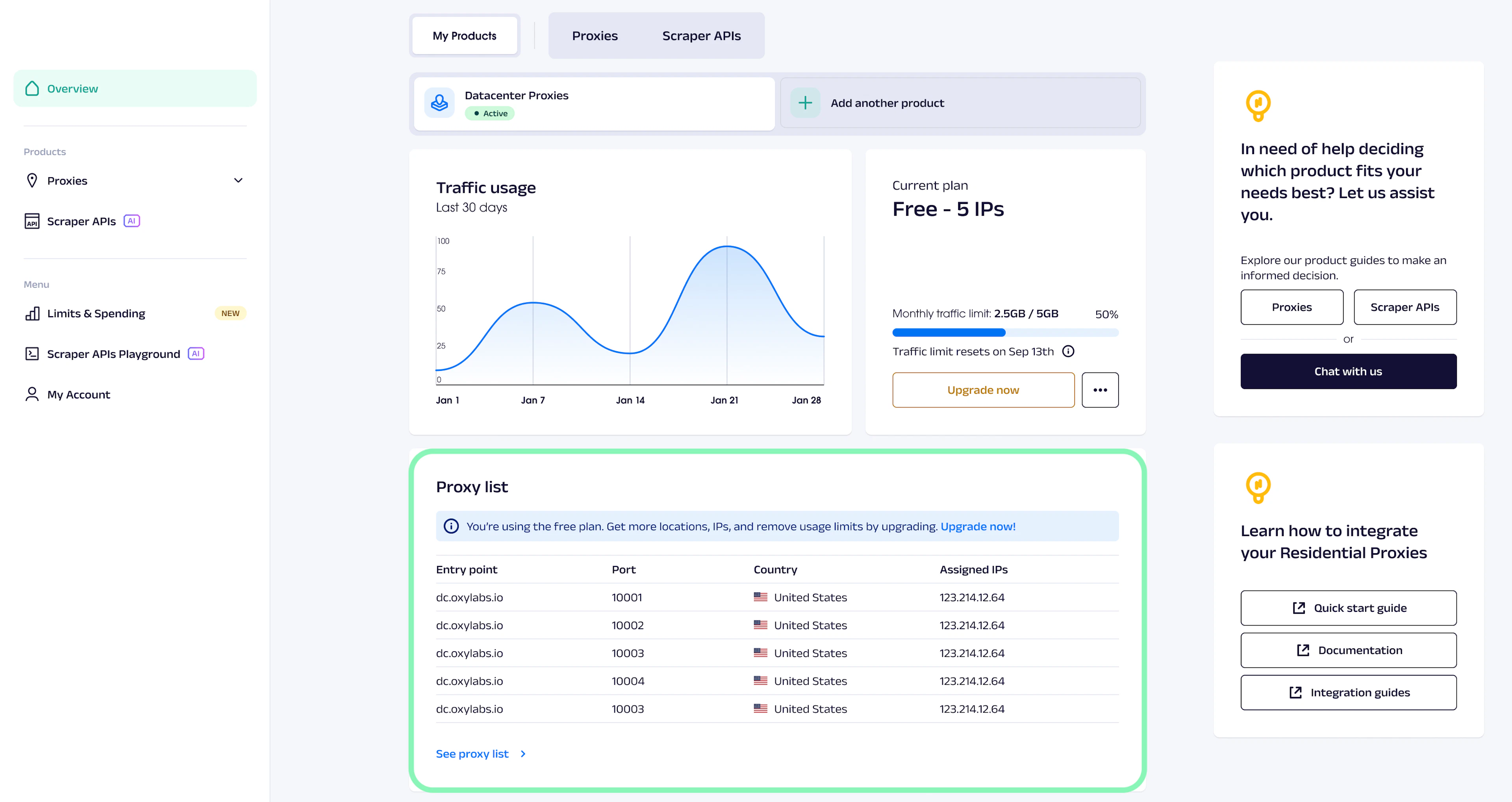 Finding the free proxy list in the dashboard