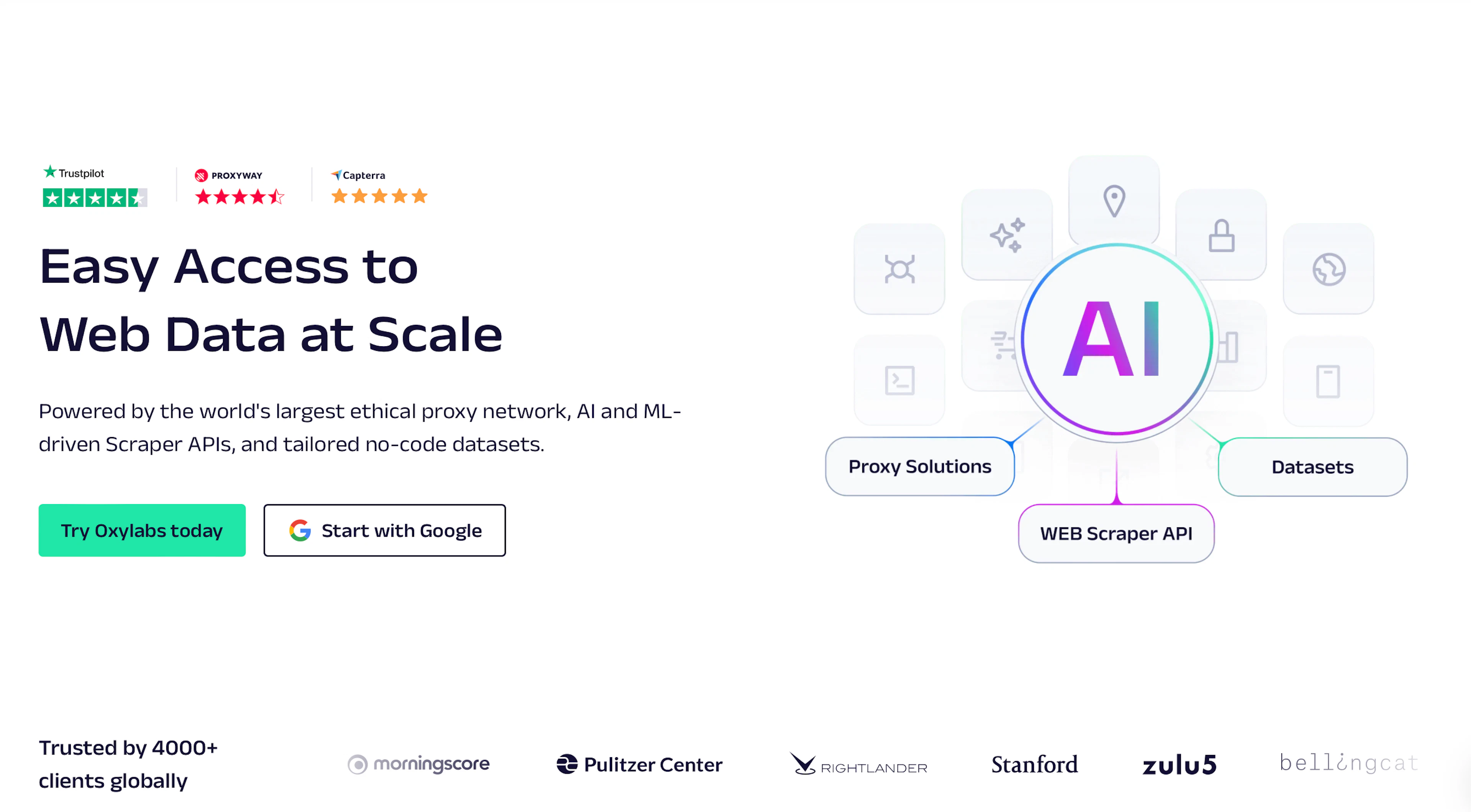 Oxylabs web scraping services with a comprehensive suite of proxy management for handling anti-bot measures and precise data parsing.