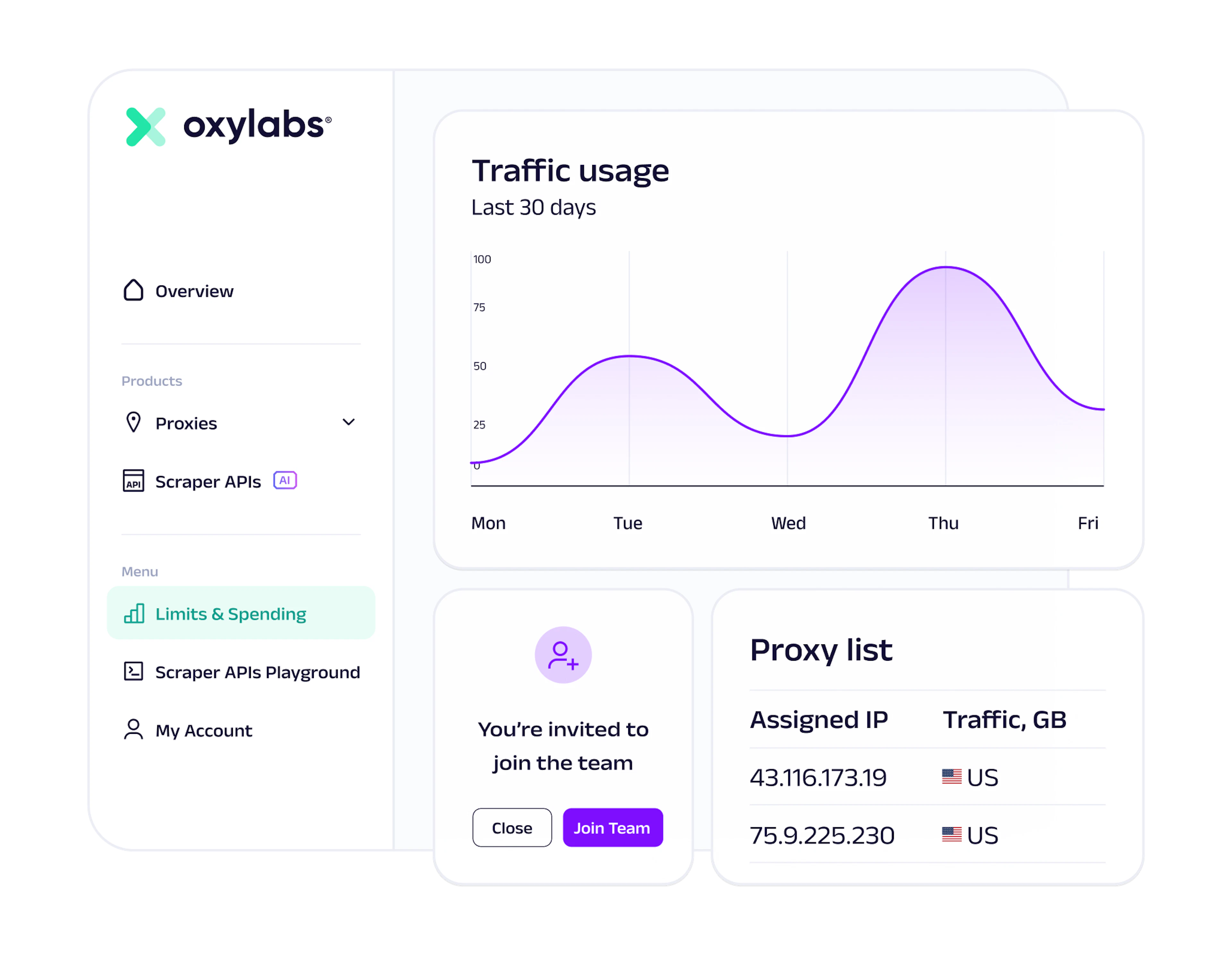 When you buy ISP proxies, the all-in-one dashboard for premium ISP proxies gives you full control over usage, subscriptions, IP whitelisting, and more.