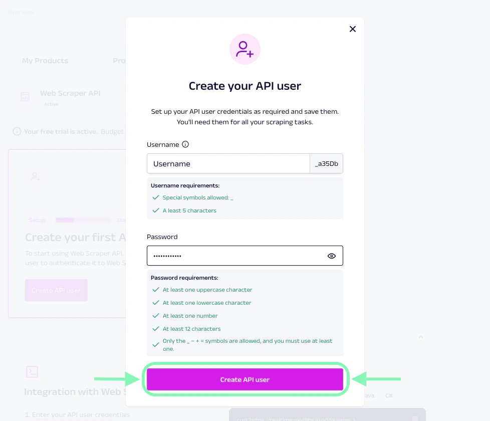 Creating an API user on Oxylabs dashboard