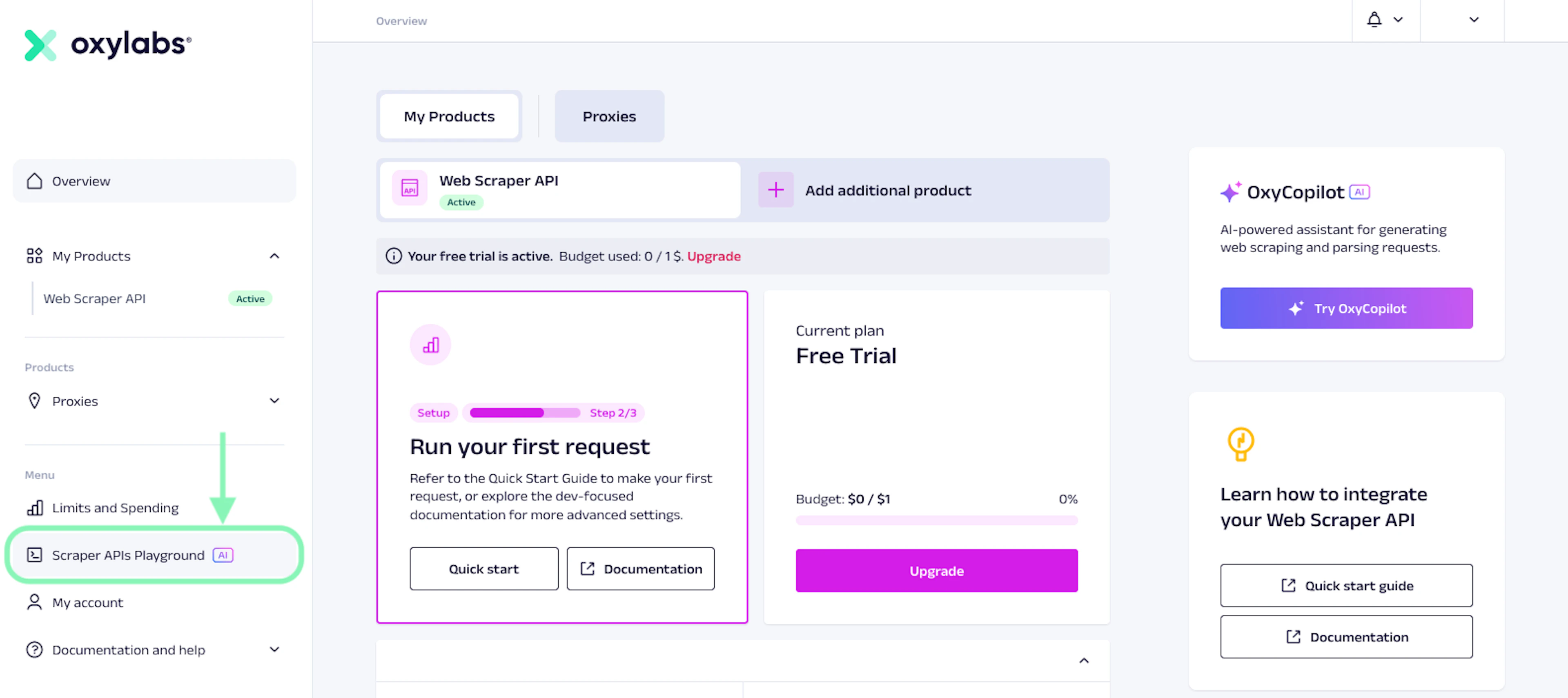 Scraper APIs Playground button on Oxylabs dashboard