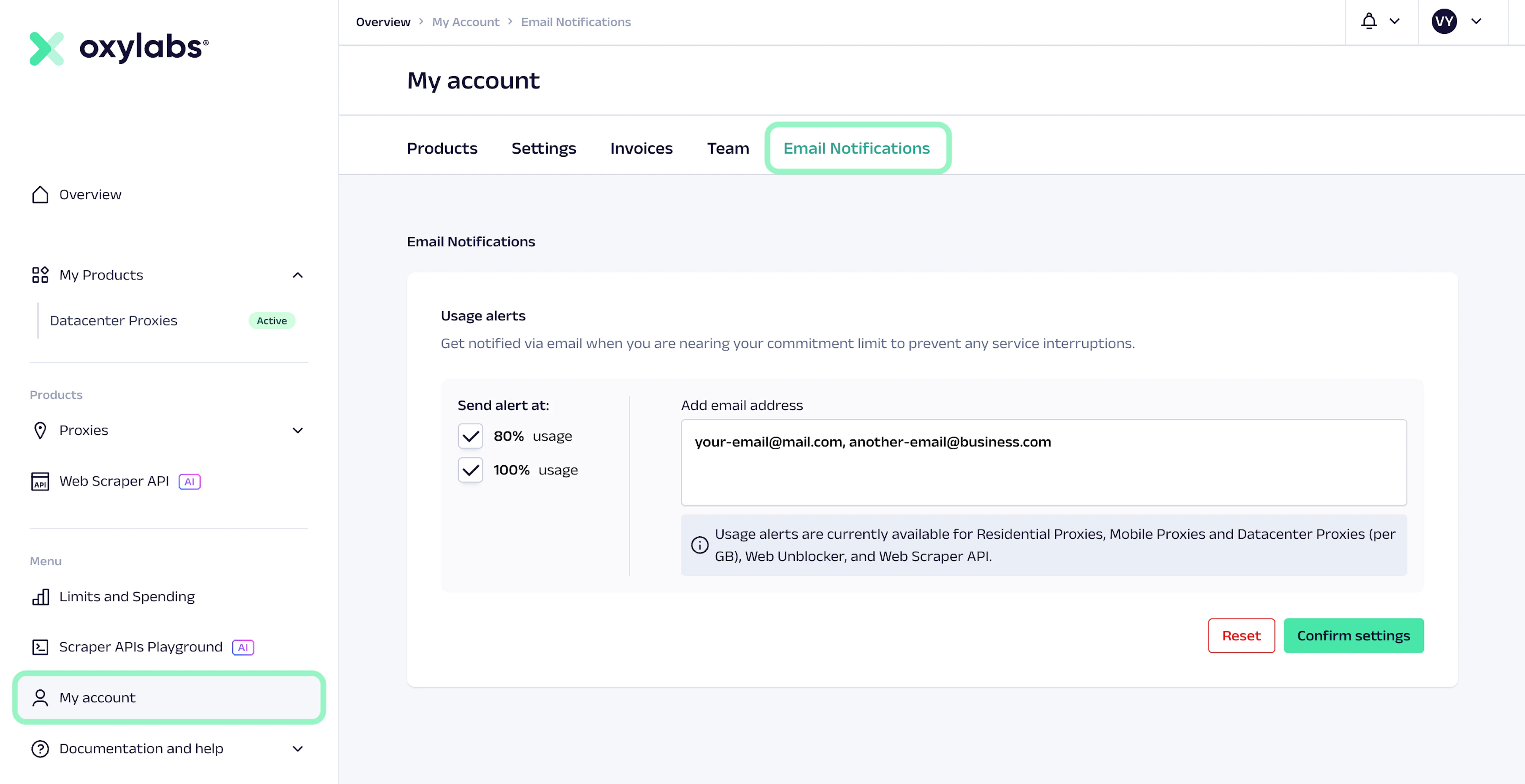 Accessing usage alerts in the dashboard